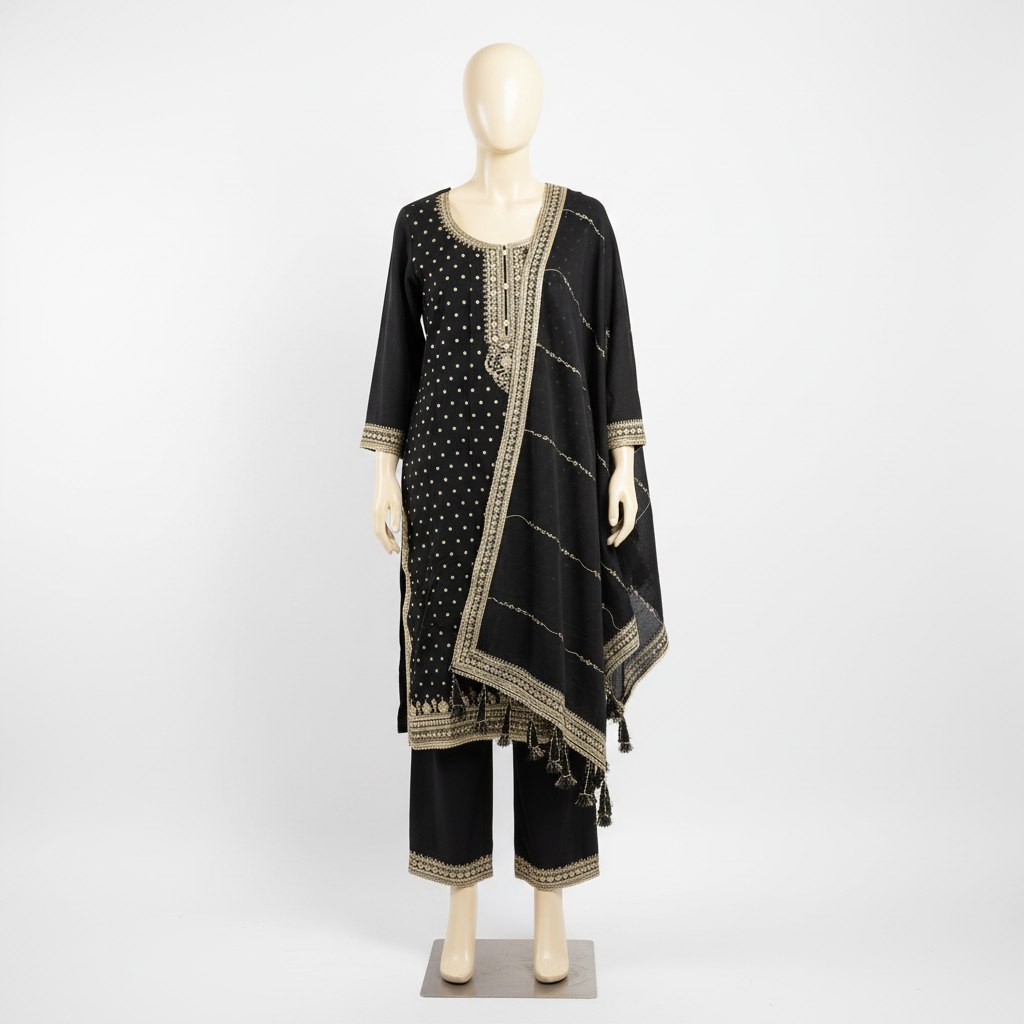 Classic Black Embroidered Kurta Set with Dupatta Ho 8