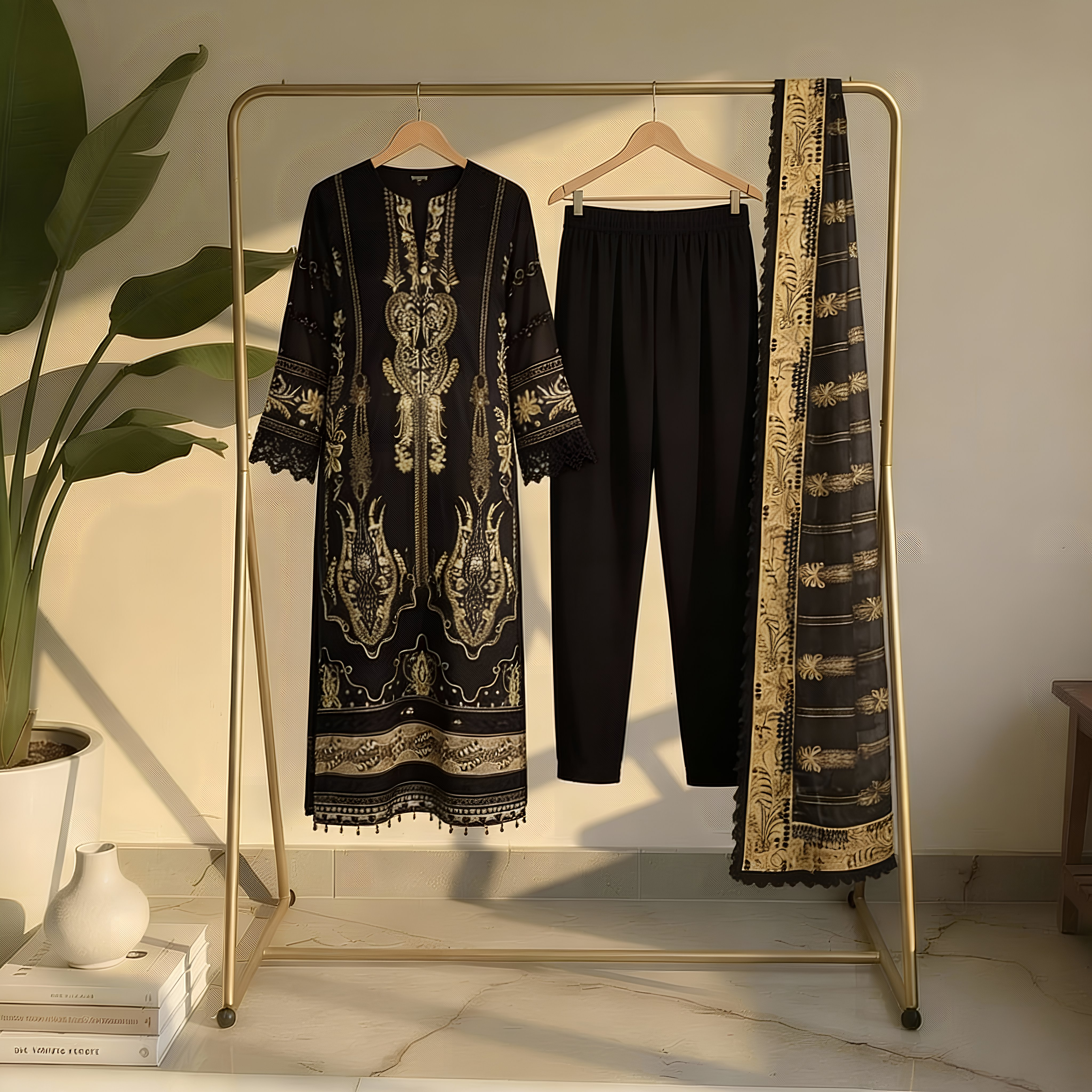 Black & Beige Printed Cotton Suit Set MO11.2