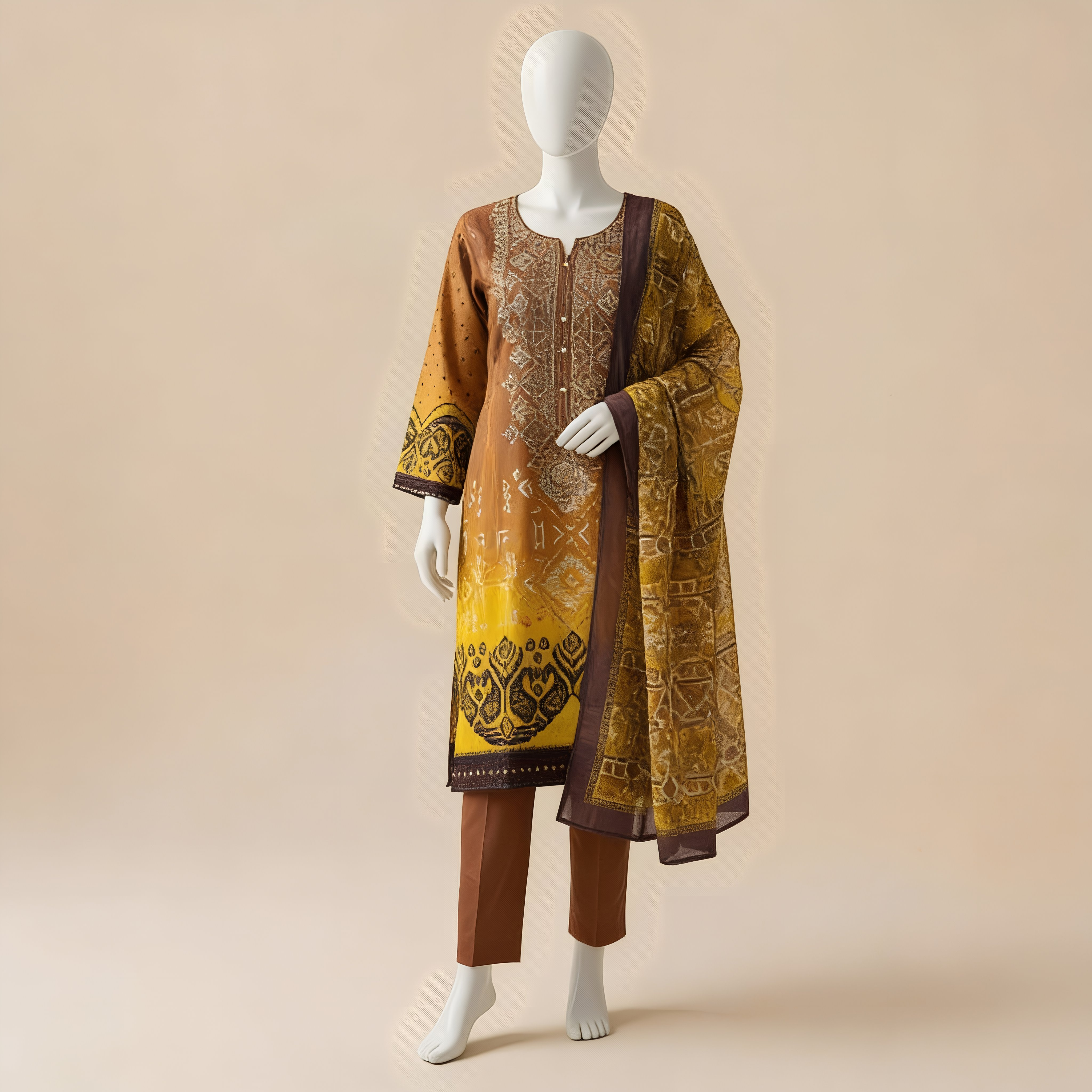 Mustard Yellow & Coffee Brown Printed Cotton Suit Set  MO 1.1