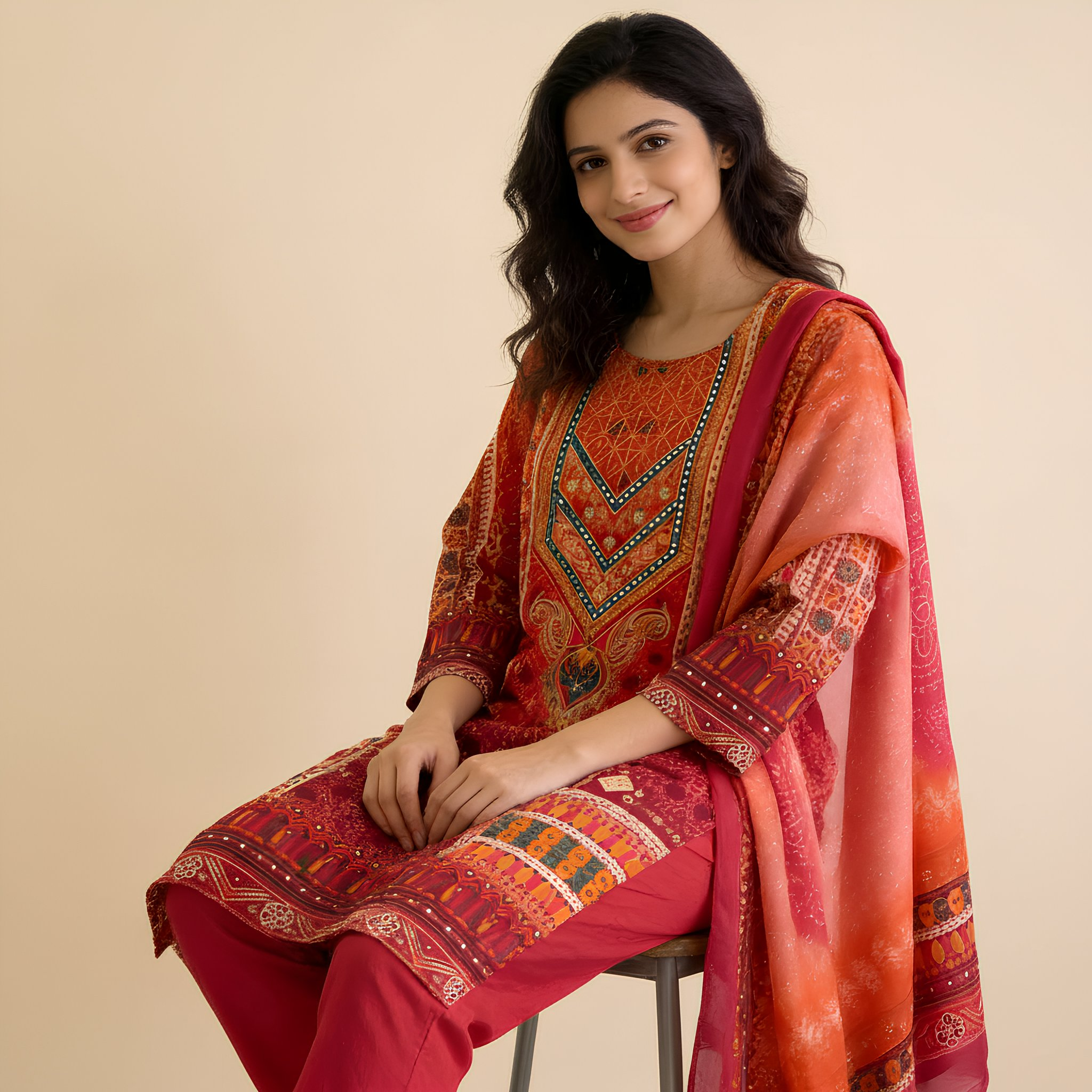 Rani Pink & Coral Red Printed Cotton Suit Set MO 1.3