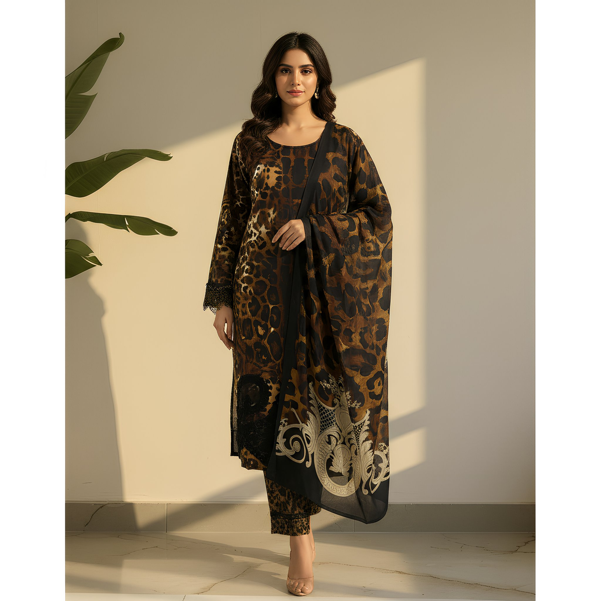 Brown & Black Leopard Print Cotton Blend Suit Set with Ornamental Dupatta mo2.3