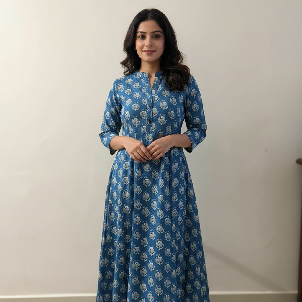 Indigo Blue Floral Printed A-Line Kurta HO 2 M9