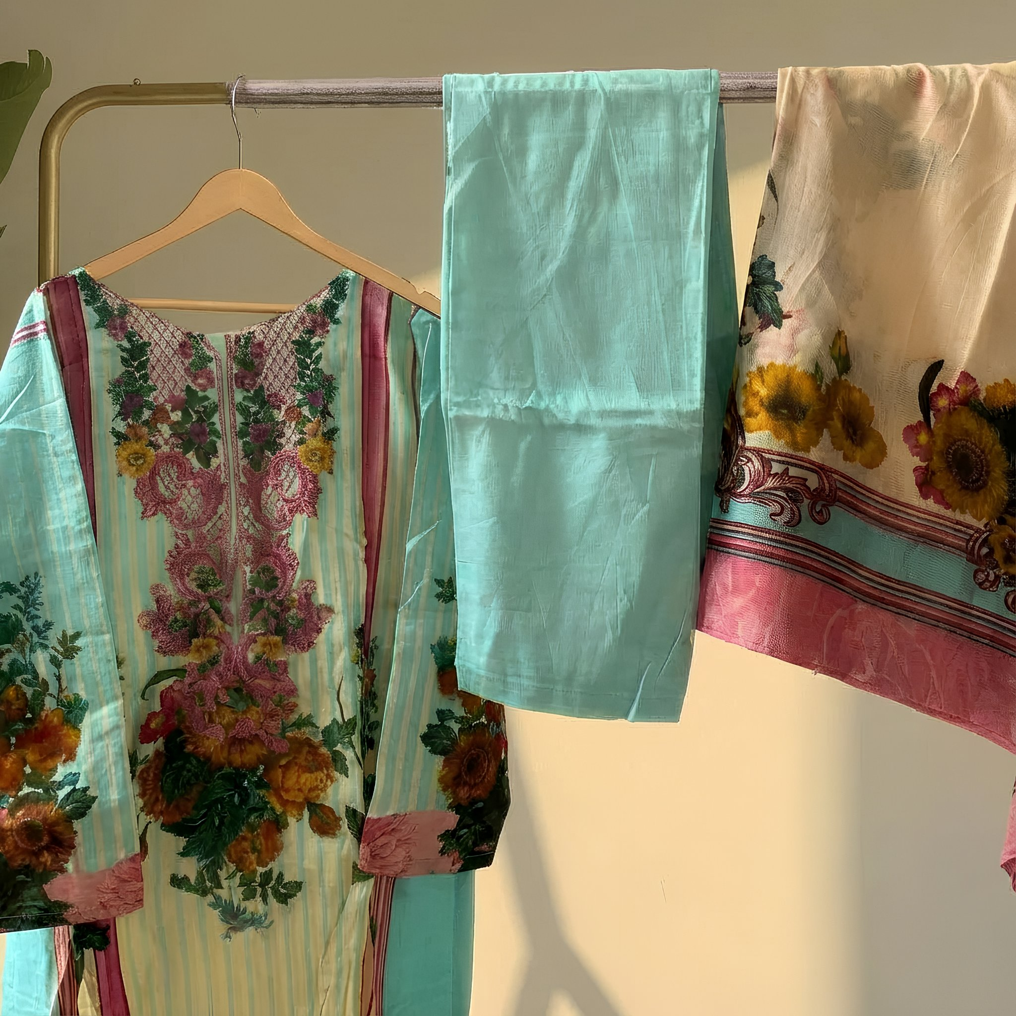 Mint Green & Blush Floral Printed Suit Set with Coordinated Dupatta MO5.1