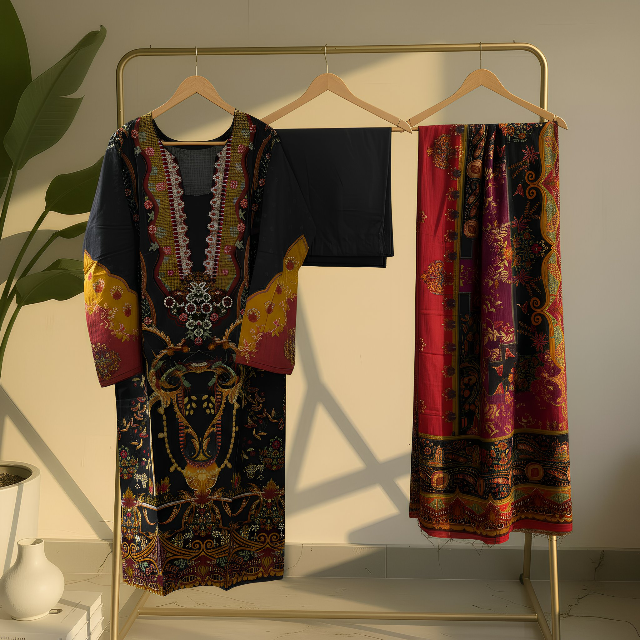 Black & Red Ethnic Printed Cotton Blend Suit Set with Designer Dupatta mo6.3