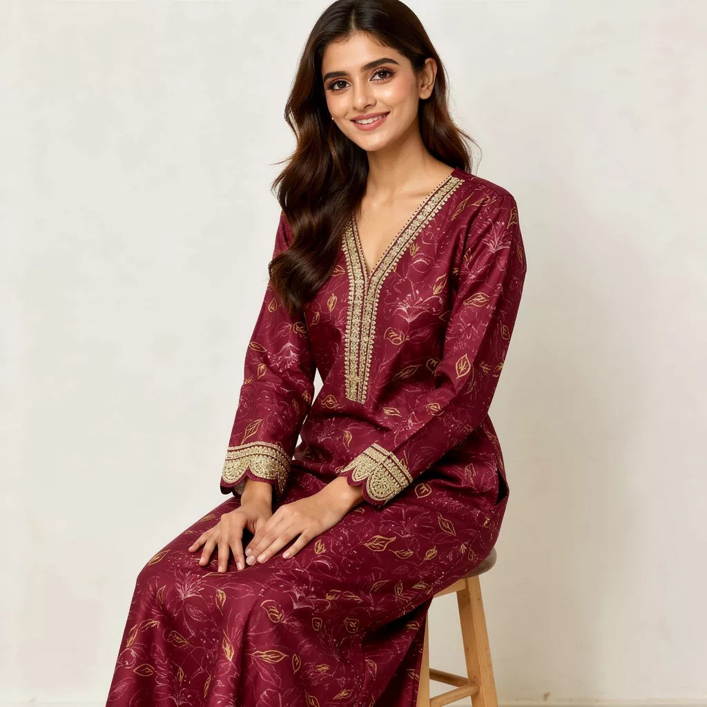 Wine Maroon Embroidered Straight Cotton Kurta HO2 XL2