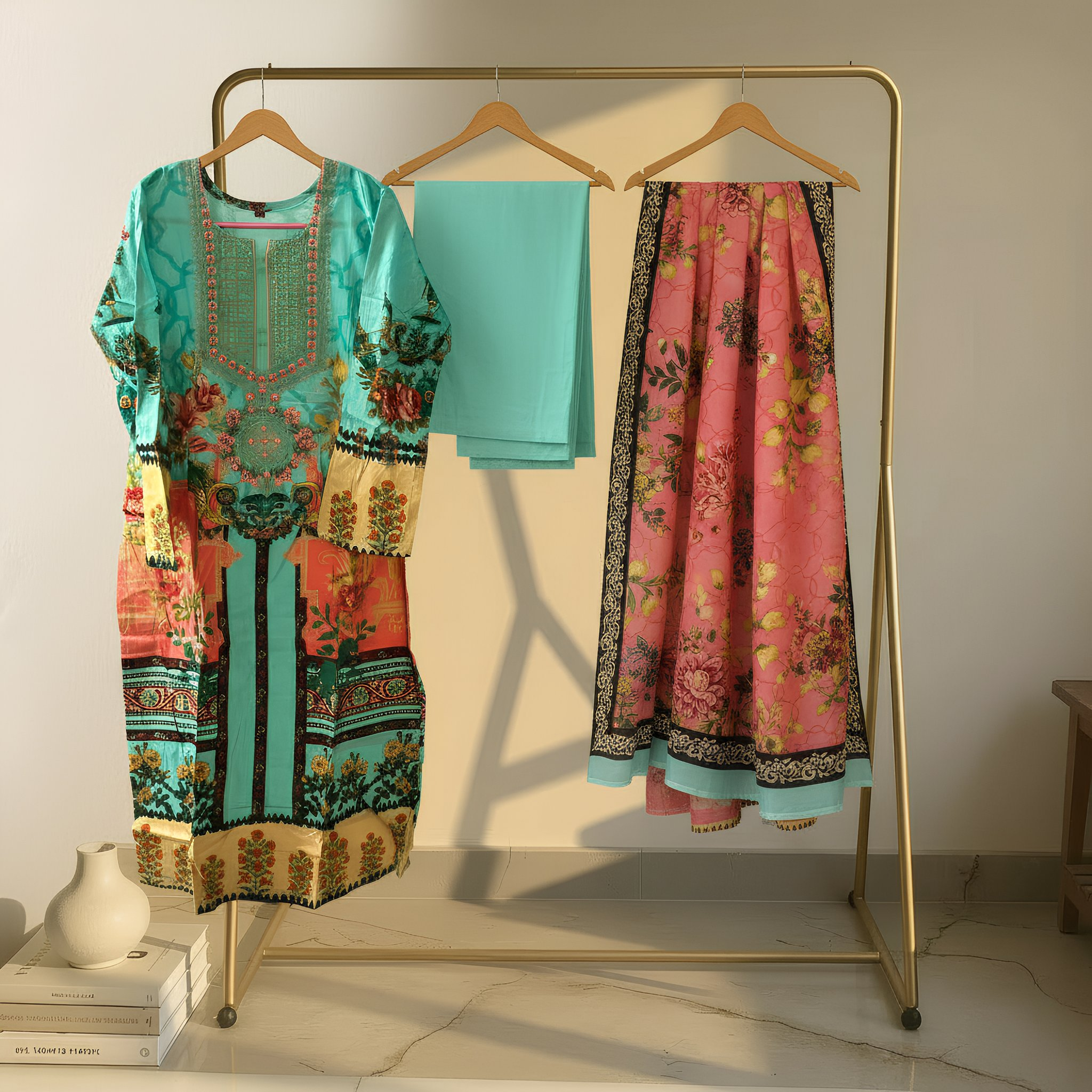 Sea Green & Coral Floral Printed Suit Set with Contrast Dupatta MO5.4