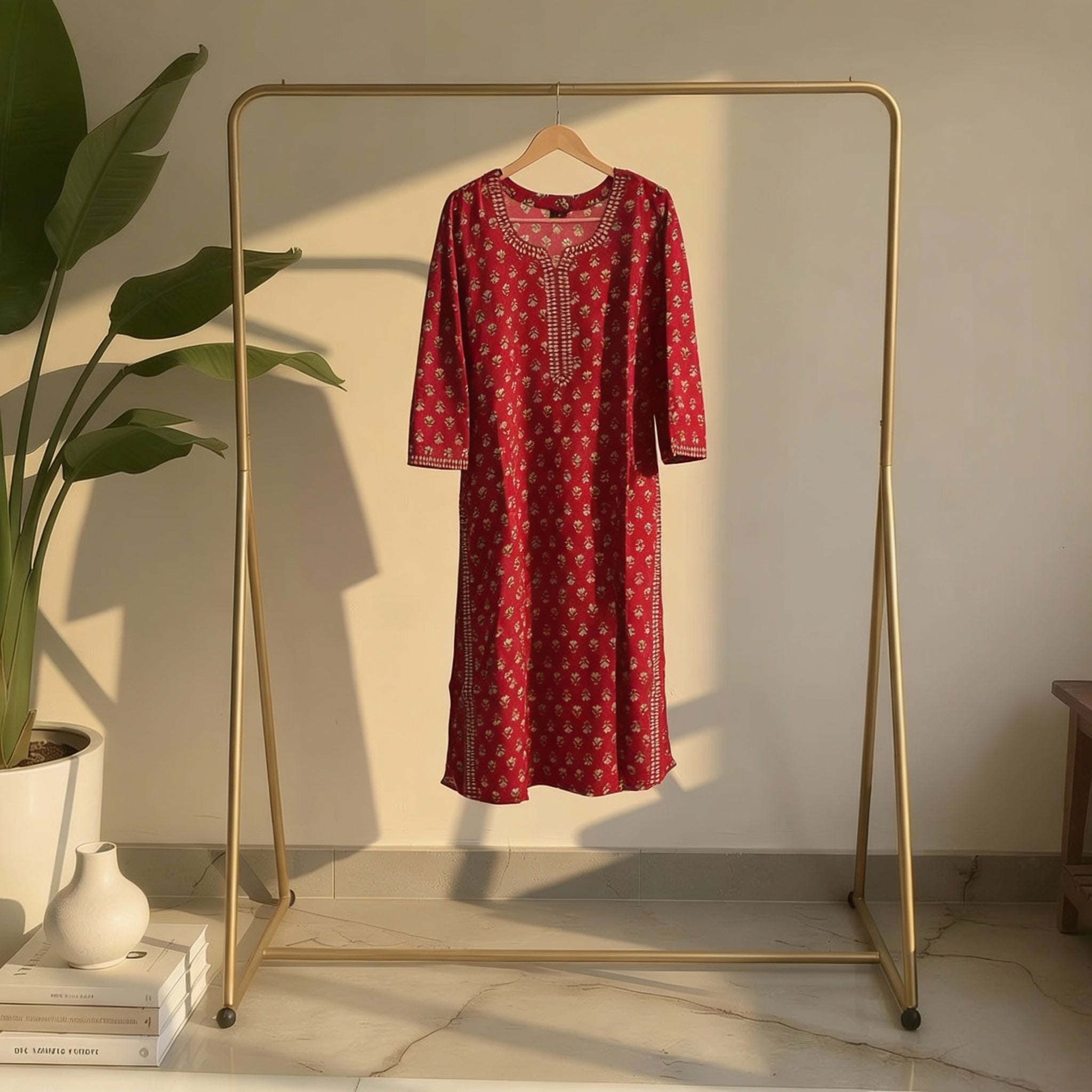 Red Ethnic Motif Printed Straight Kurta HO2 XL17