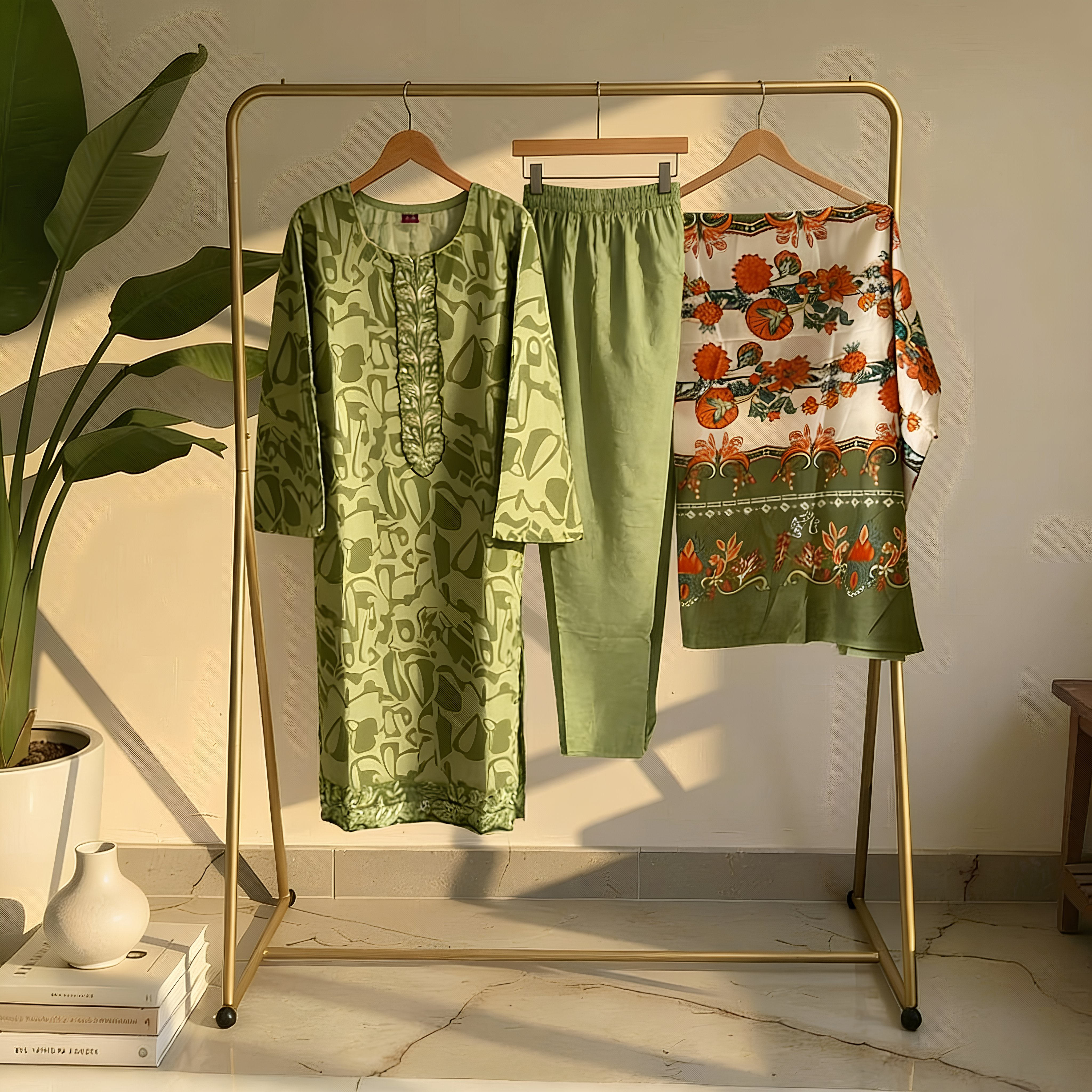 Olive Green Printed Suit SetMO12.4