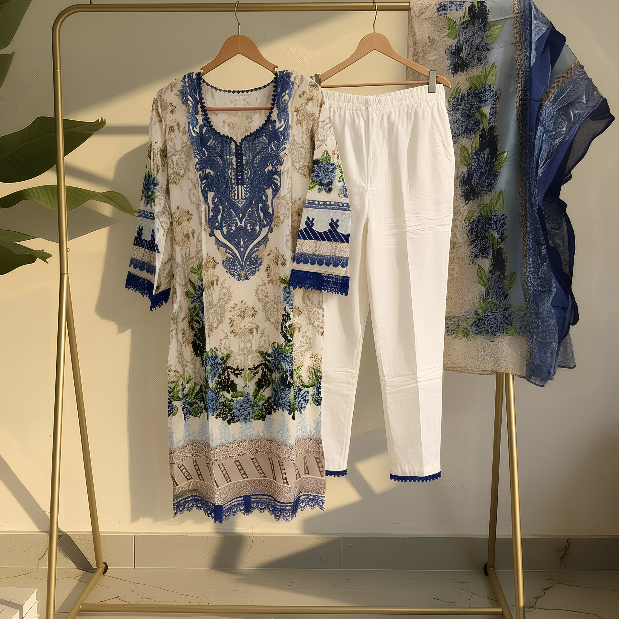 Ivory & Royal Blue Floral Printed Cotton Blend Suit Set with Designer Dupatta mo11.6