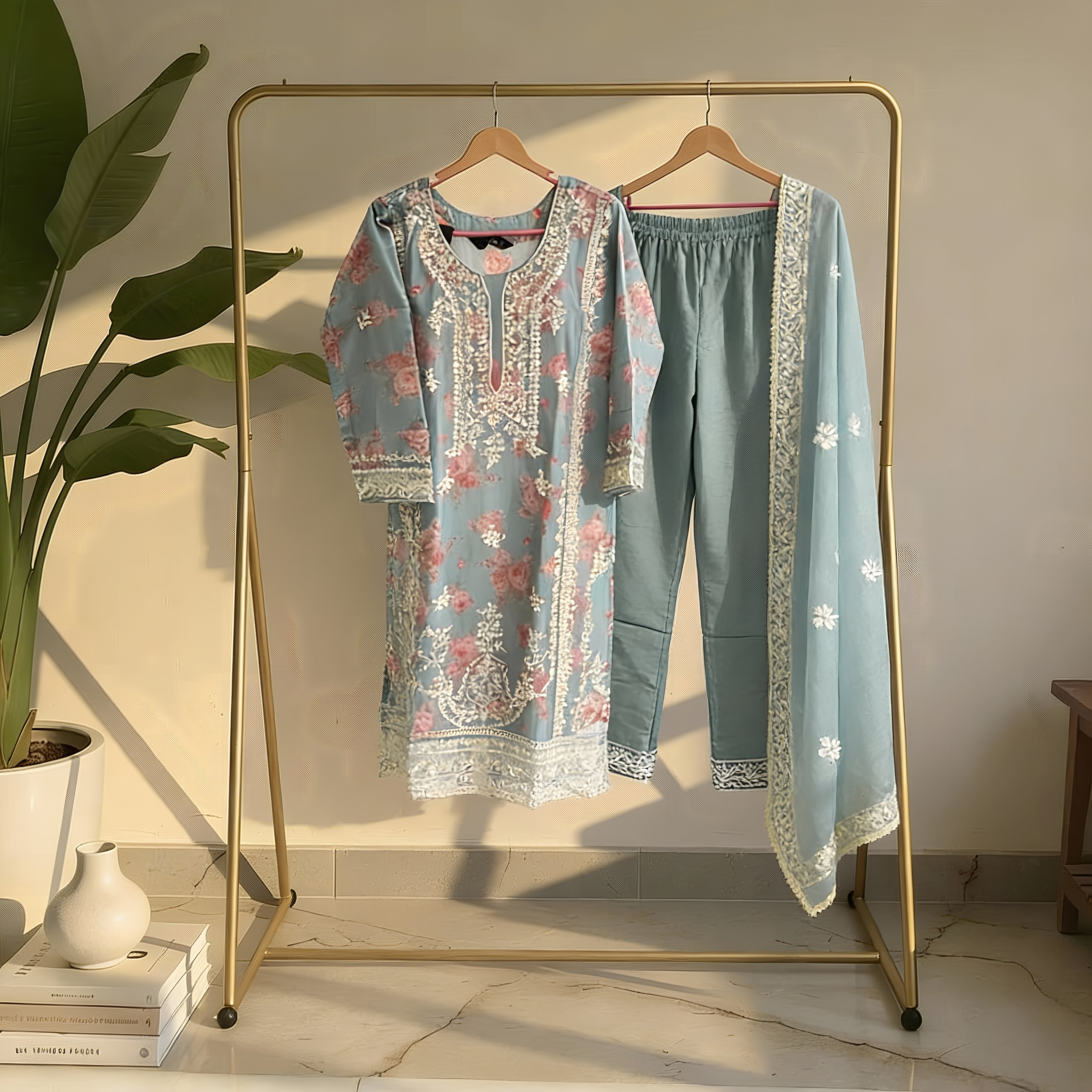 Sage Green Floral Printed Cotton Suit Set  MO14.1