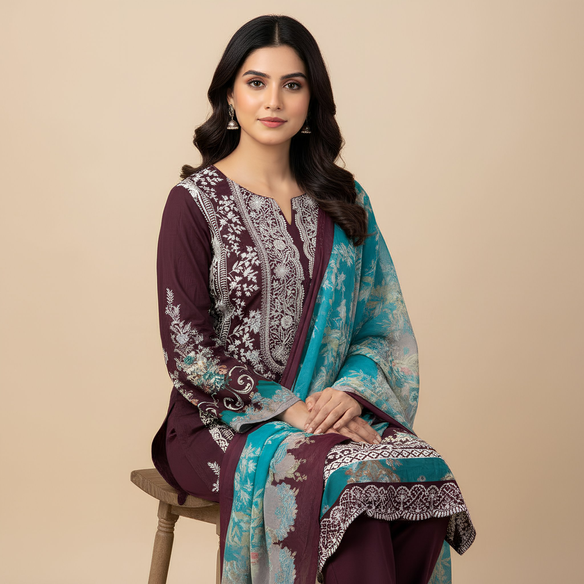 Wine Maroon & Teal Floral Printed Cotton Suit Set MO9.3