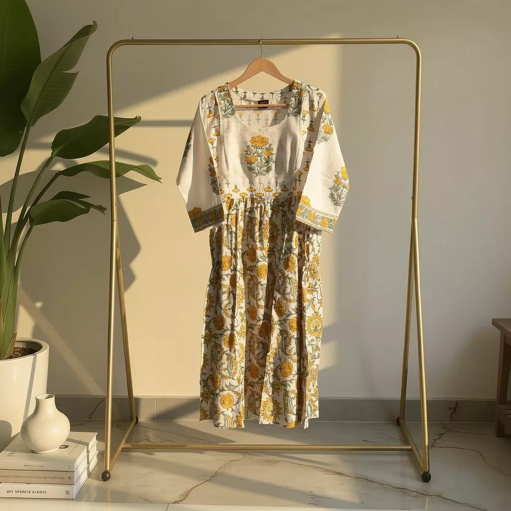 Ivory & Mustard Floral Printed Gathered Kurta HO2 XL14