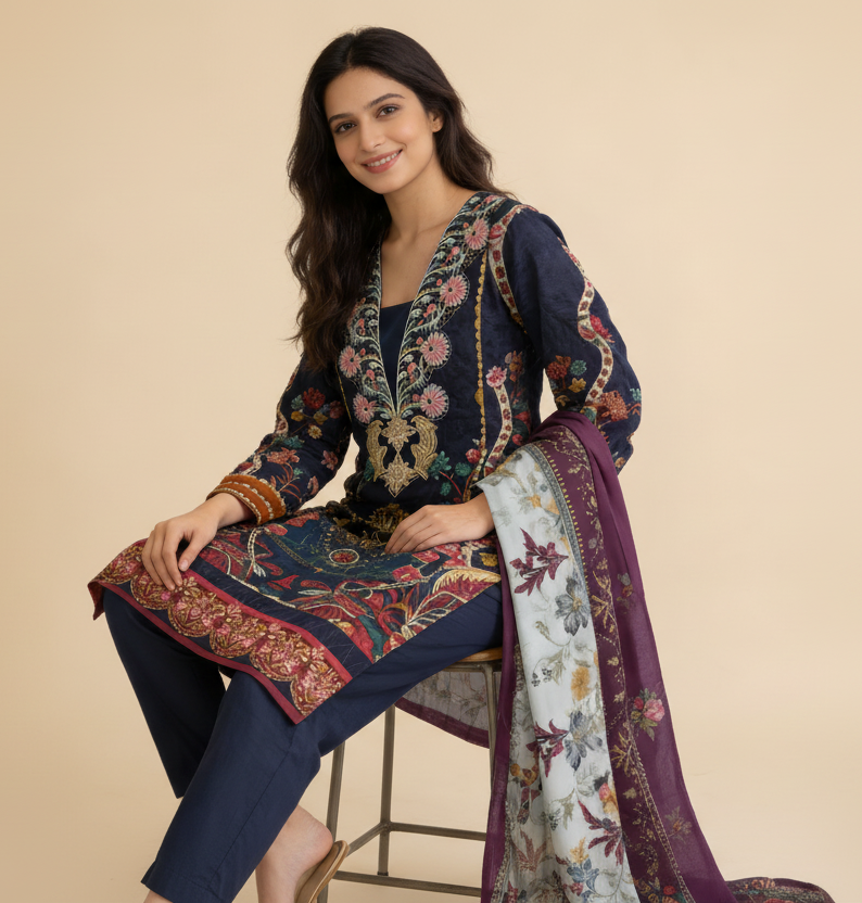 Woman wearing a traditional embroidered outfit with a scarf on a white background