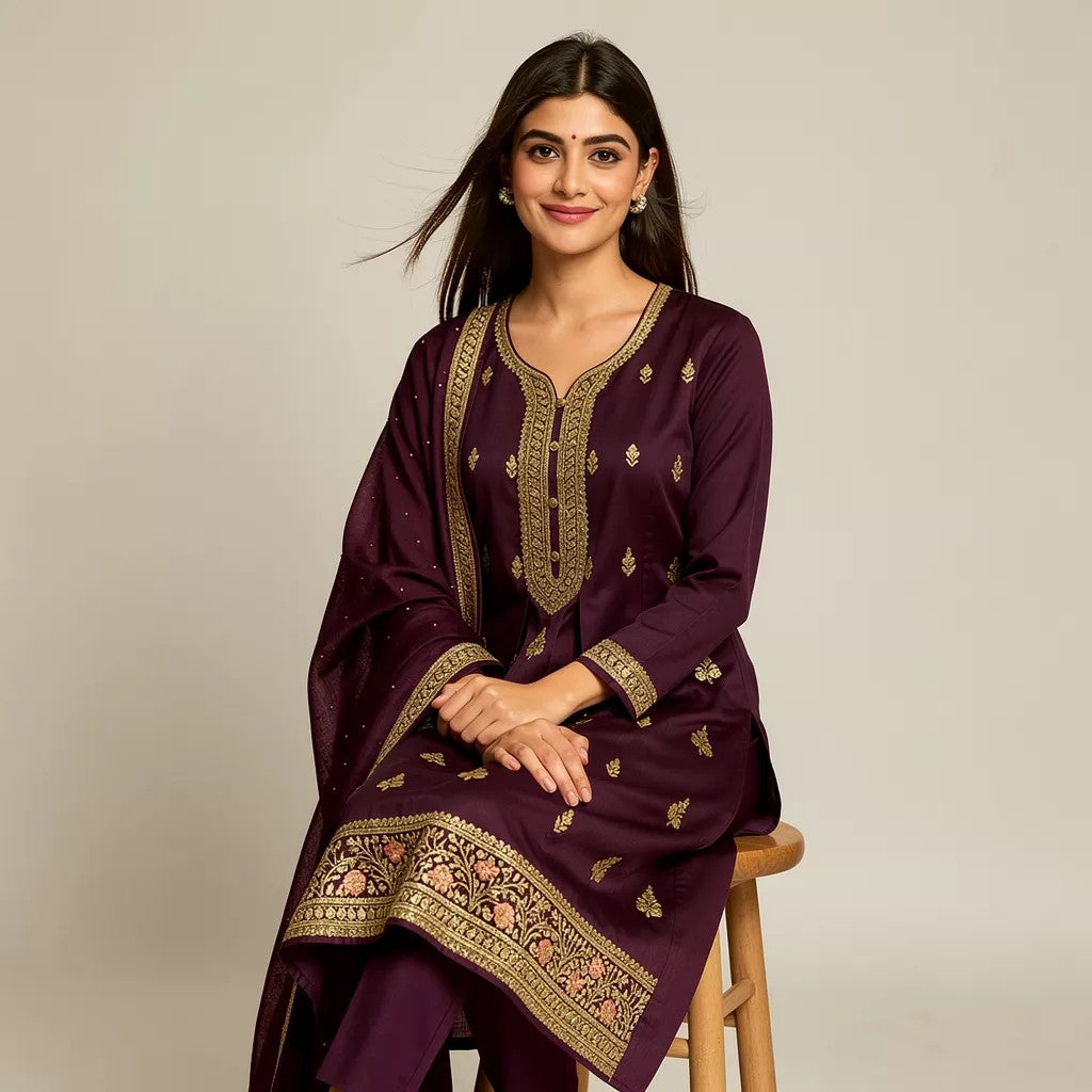 Wine Purple Embroidered Suit Set Ho 12