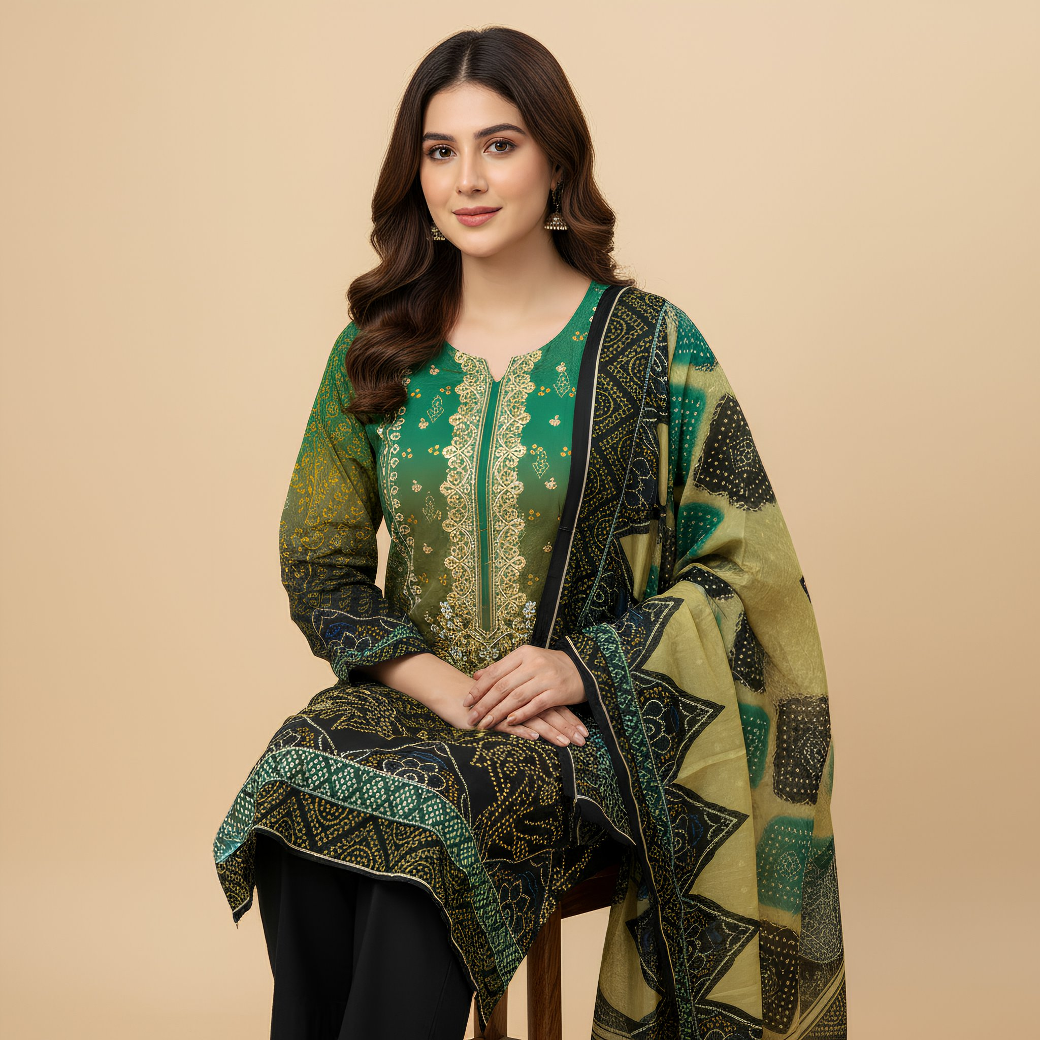 Emerald Green & Black Bandhani Print Cotton Blend Suit Set MO1.6