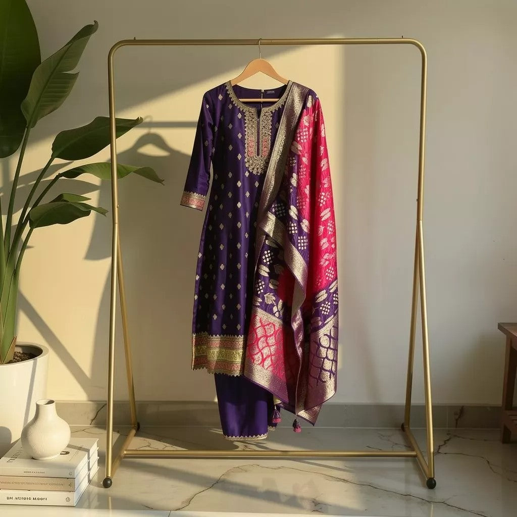 Purple Embroidered Suit Set with Dupatta Ho 14 - PURPLE