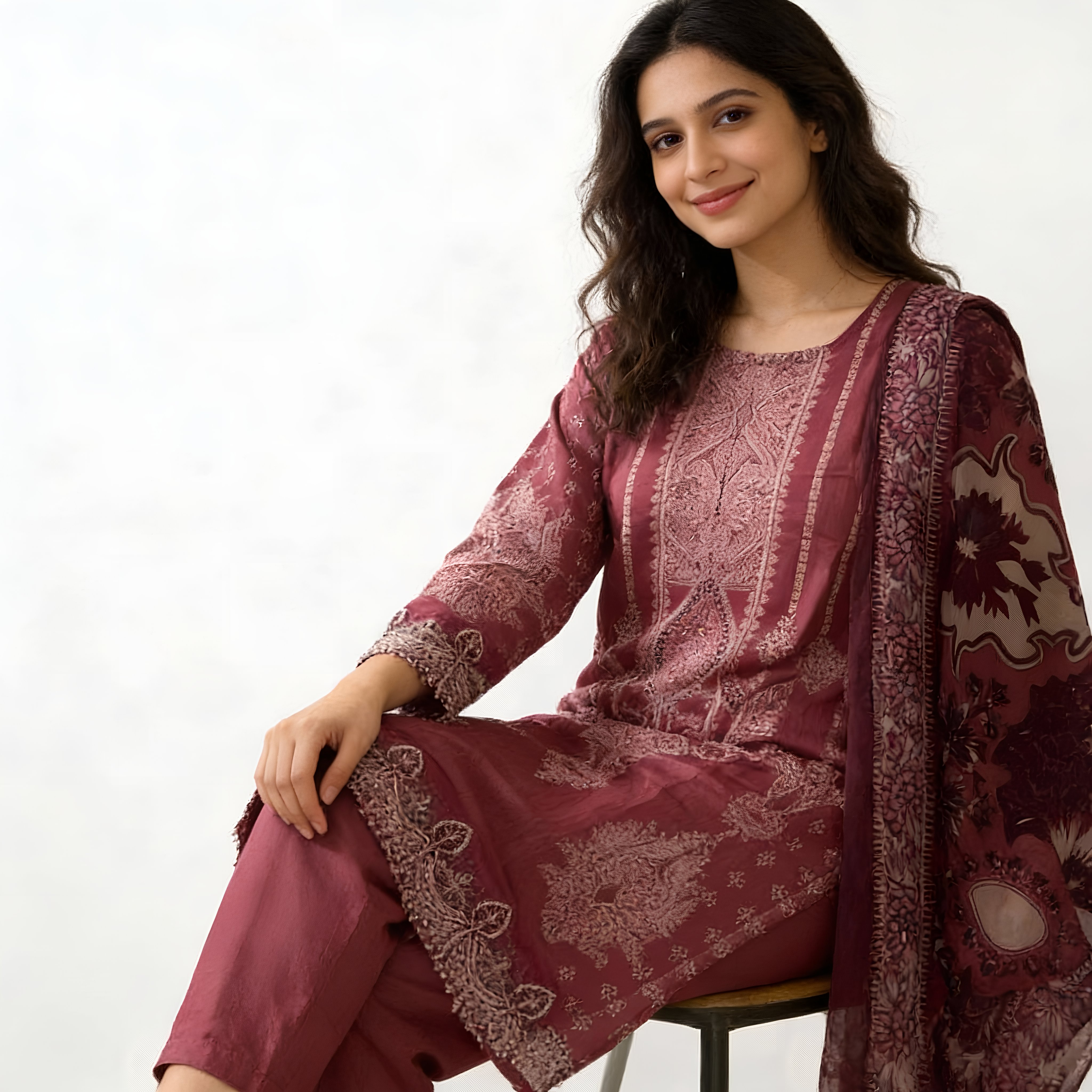 Deep Maroon Ethnic Printed Cotton Blend Suit Set with Soft Dupatta  mo3.2