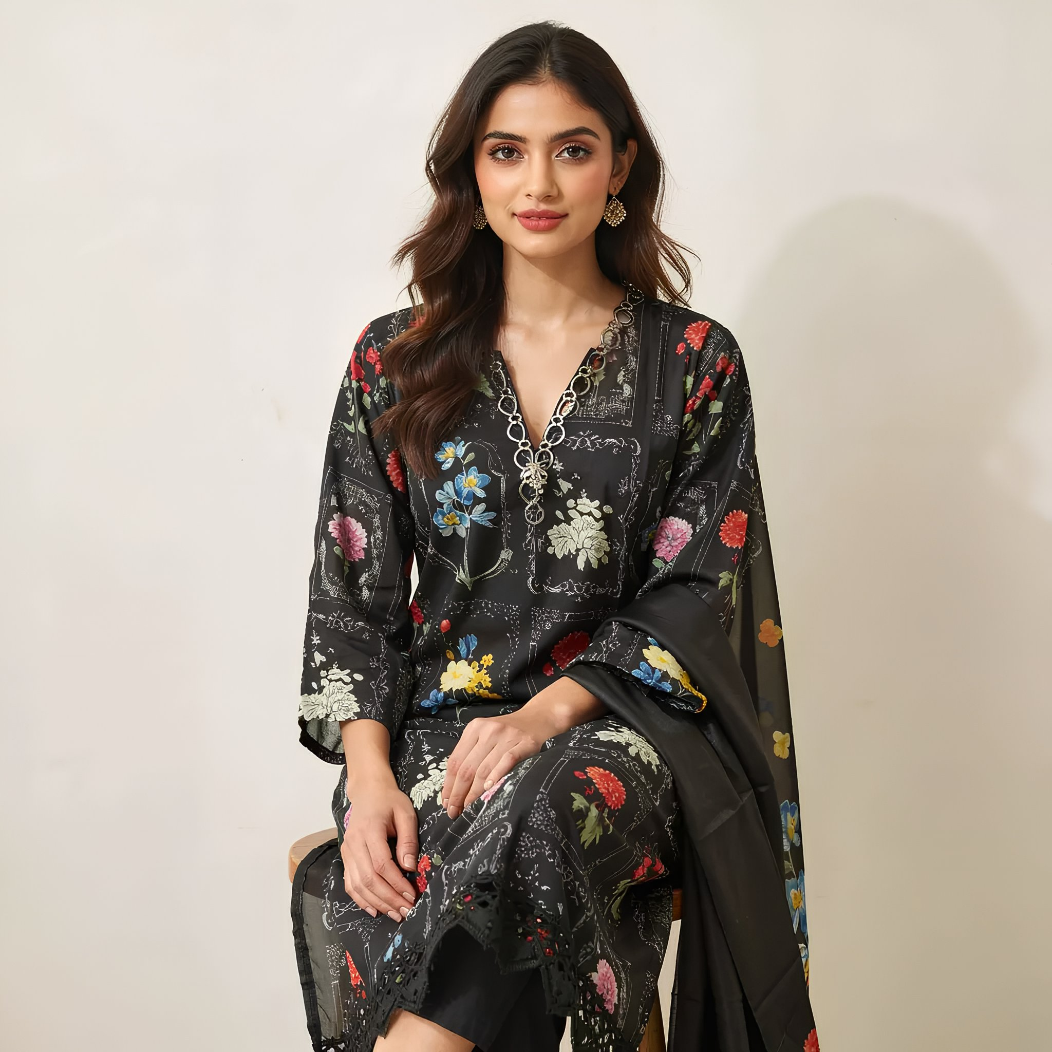 Black Floral Printed Cotton Blend Suit Set with Sheer Designer Dupatta mo8.10