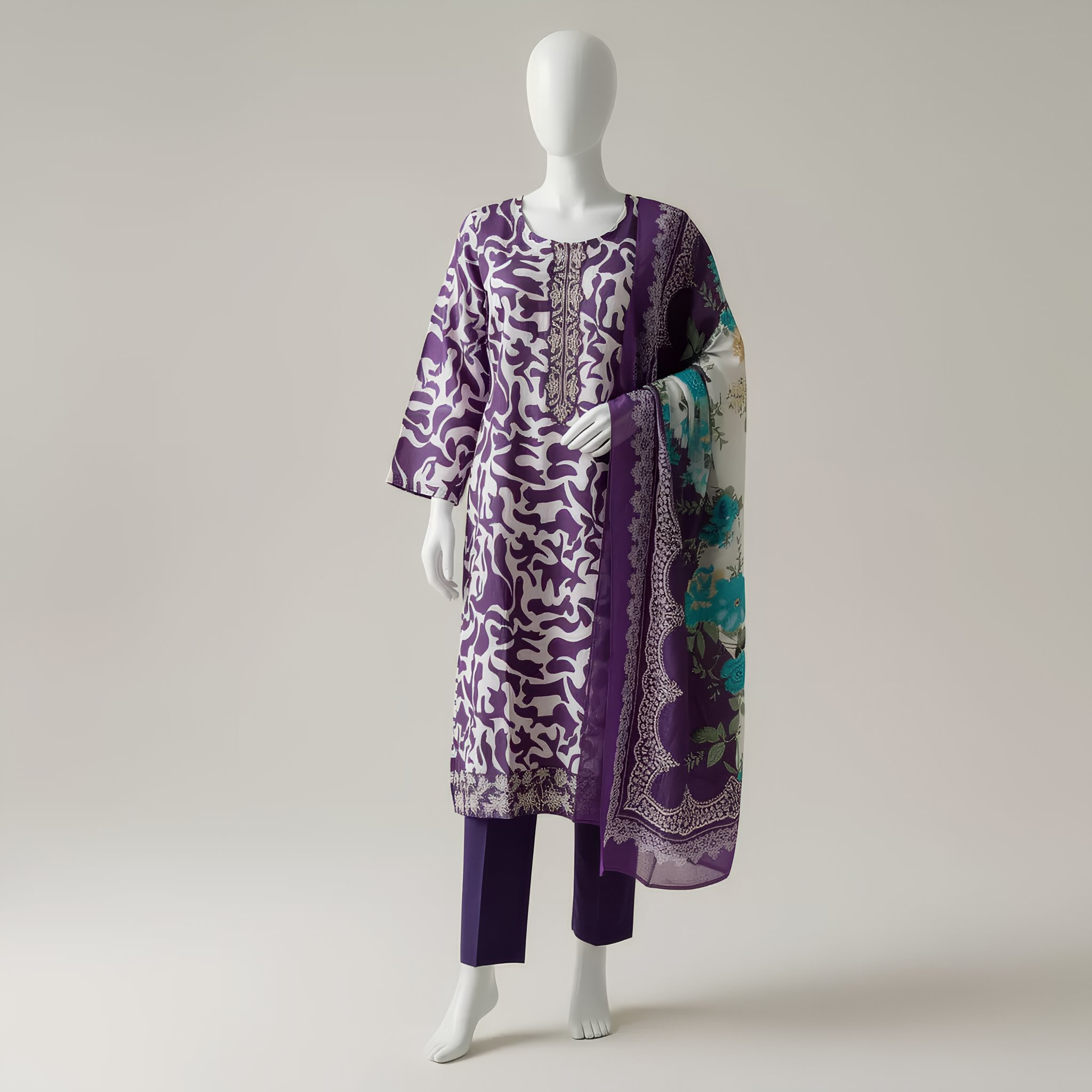 Deep Purple Abstract Printed Cotton Suit Set with Floral Dupatta  MO12.2