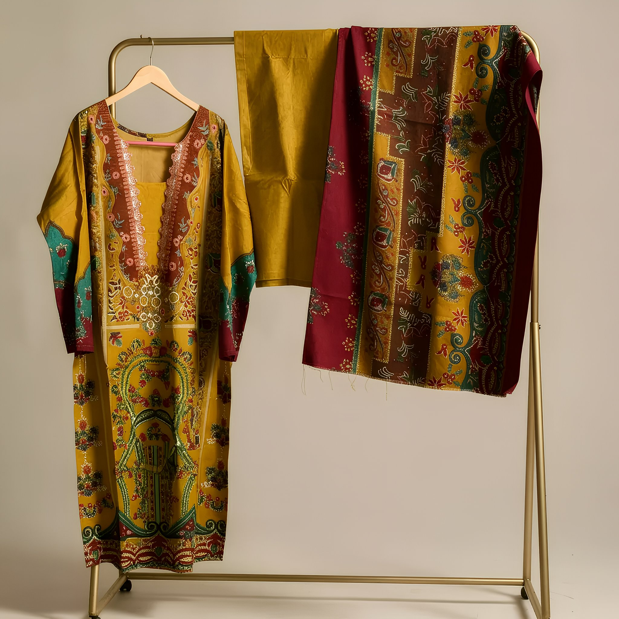 Mustard Yellow Ethnic Printed Cotton Blend Suit Set with Designer Dupatta  mo6.2