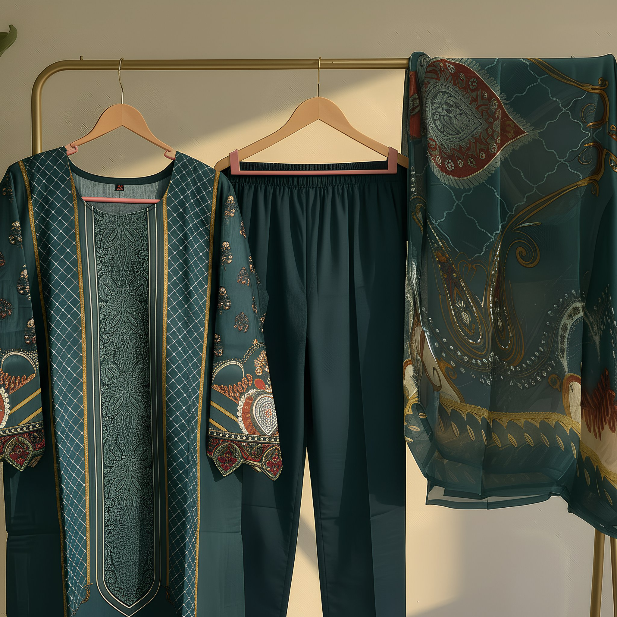 Teal Blue Ethnic Printed Cotton Blend Suit Set  mo3.3