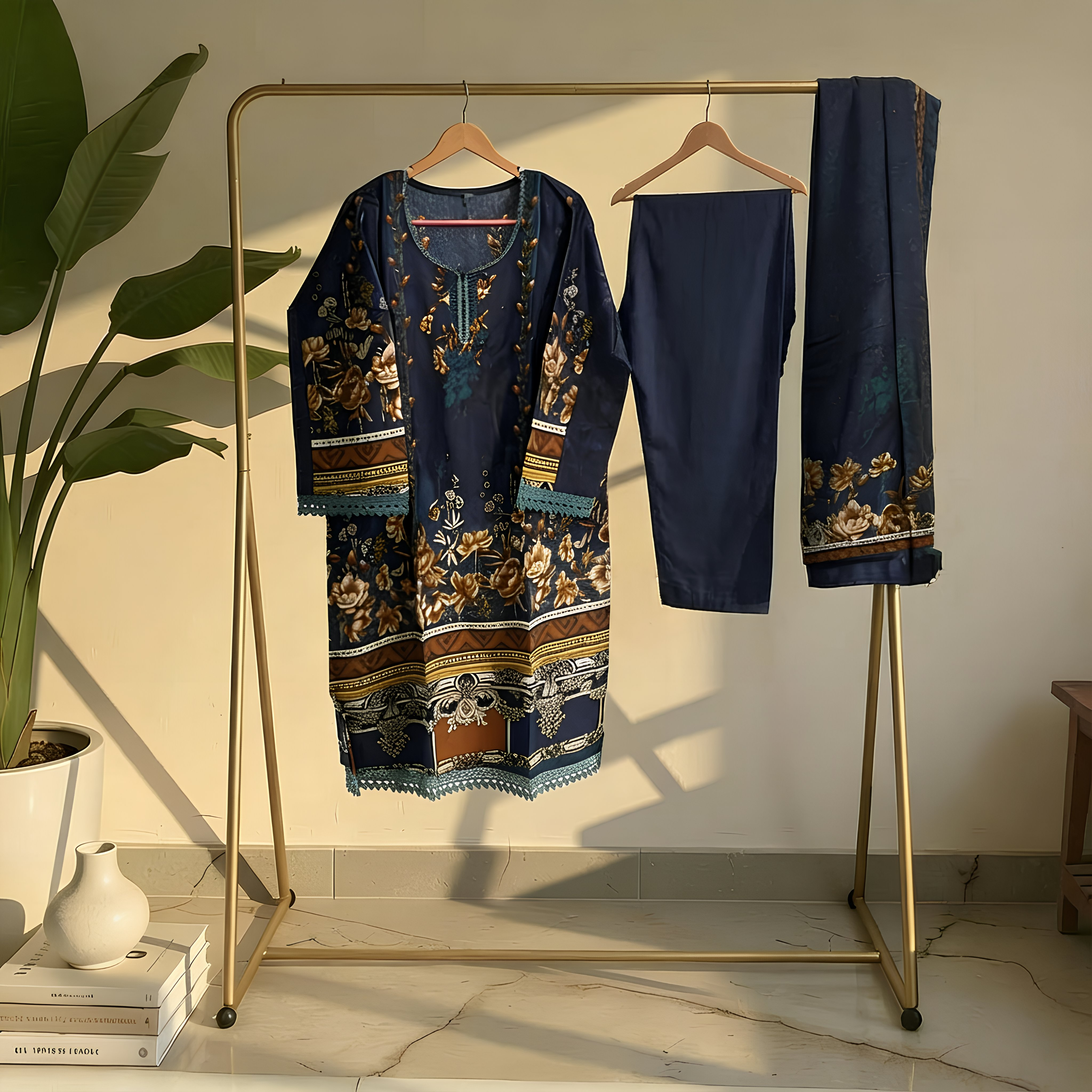 Navy Blue Floral Printed Cotton Suit MO7.4