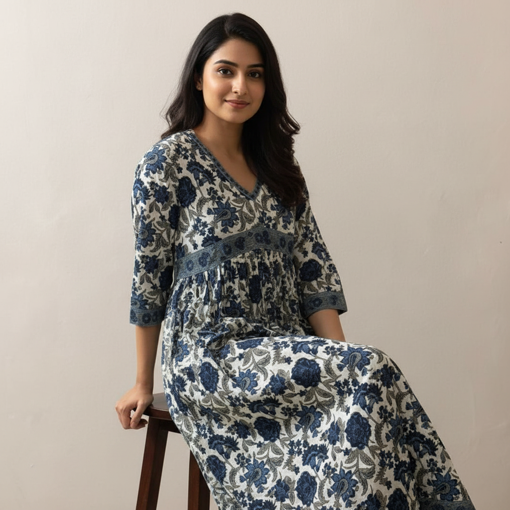 Ivory Blue Floral Printed Anarkali Style Kurta HO2 XL18