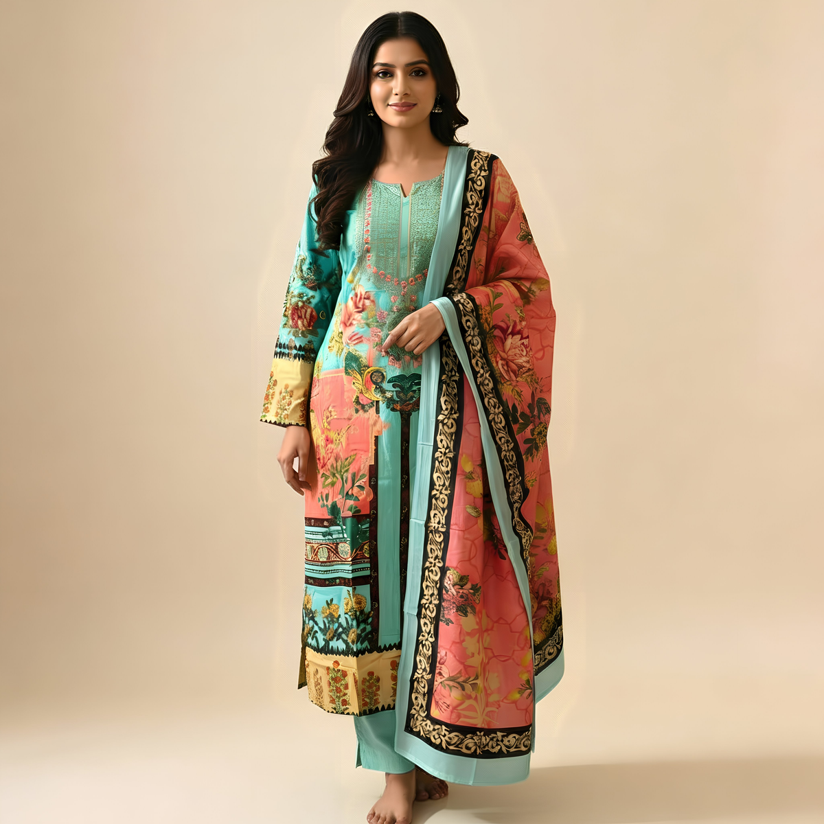 Sea Green & Coral Floral Printed Suit Set with Contrast Dupatta MO5.4