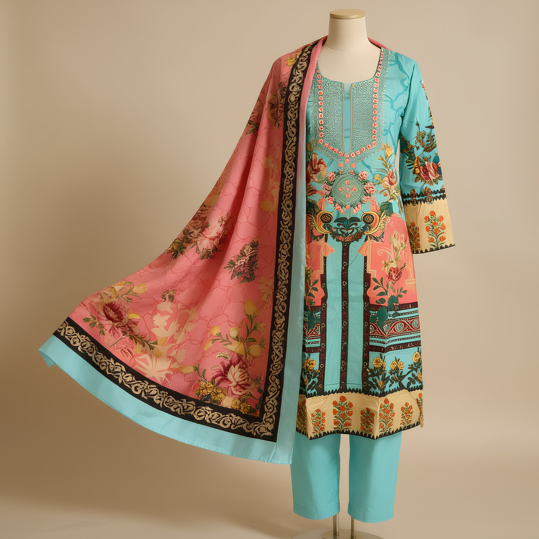 Sea Green & Coral Floral Printed Suit Set with Contrast Dupatta MO5.4