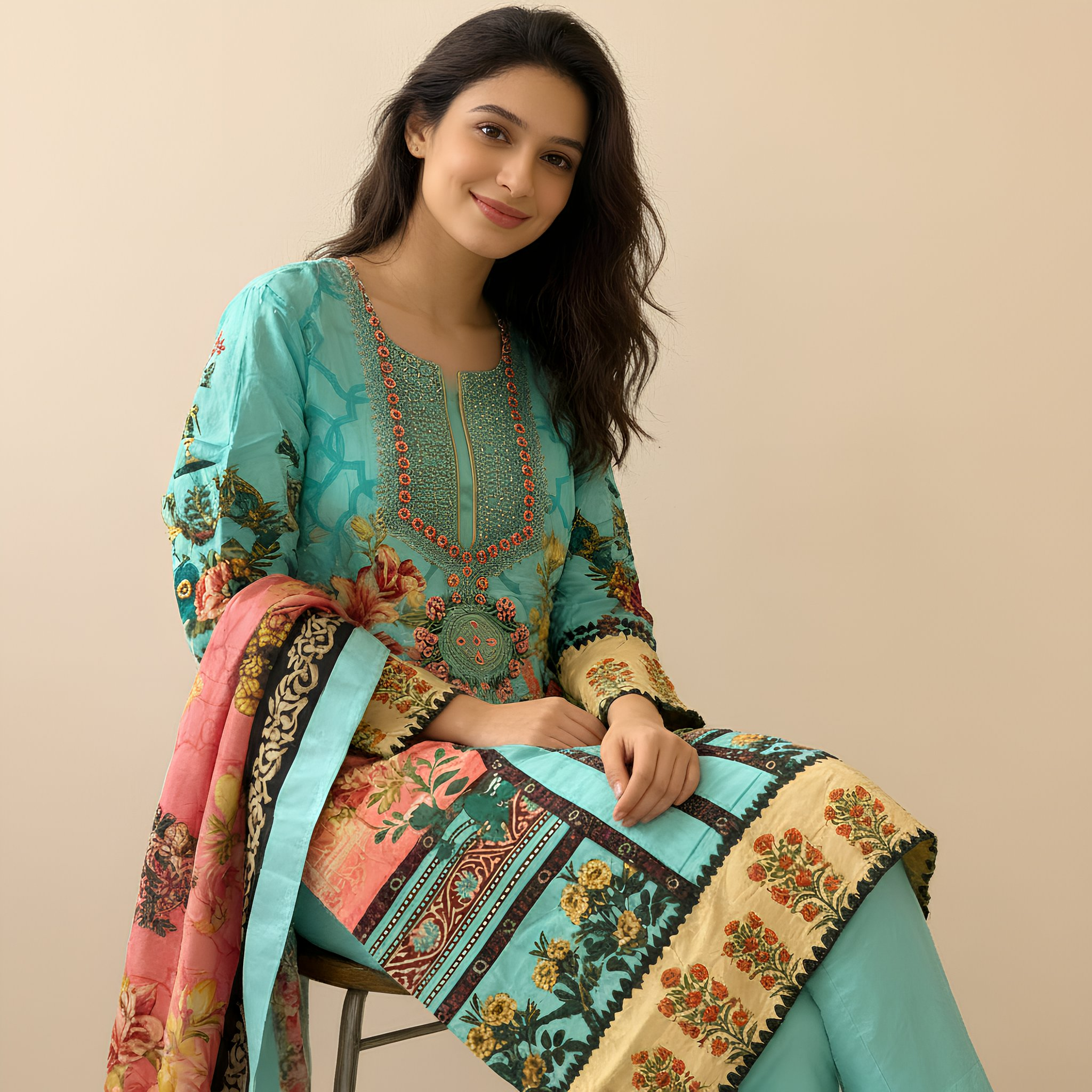 Sea Green & Coral Floral Printed Suit Set with Contrast Dupatta MO5.4