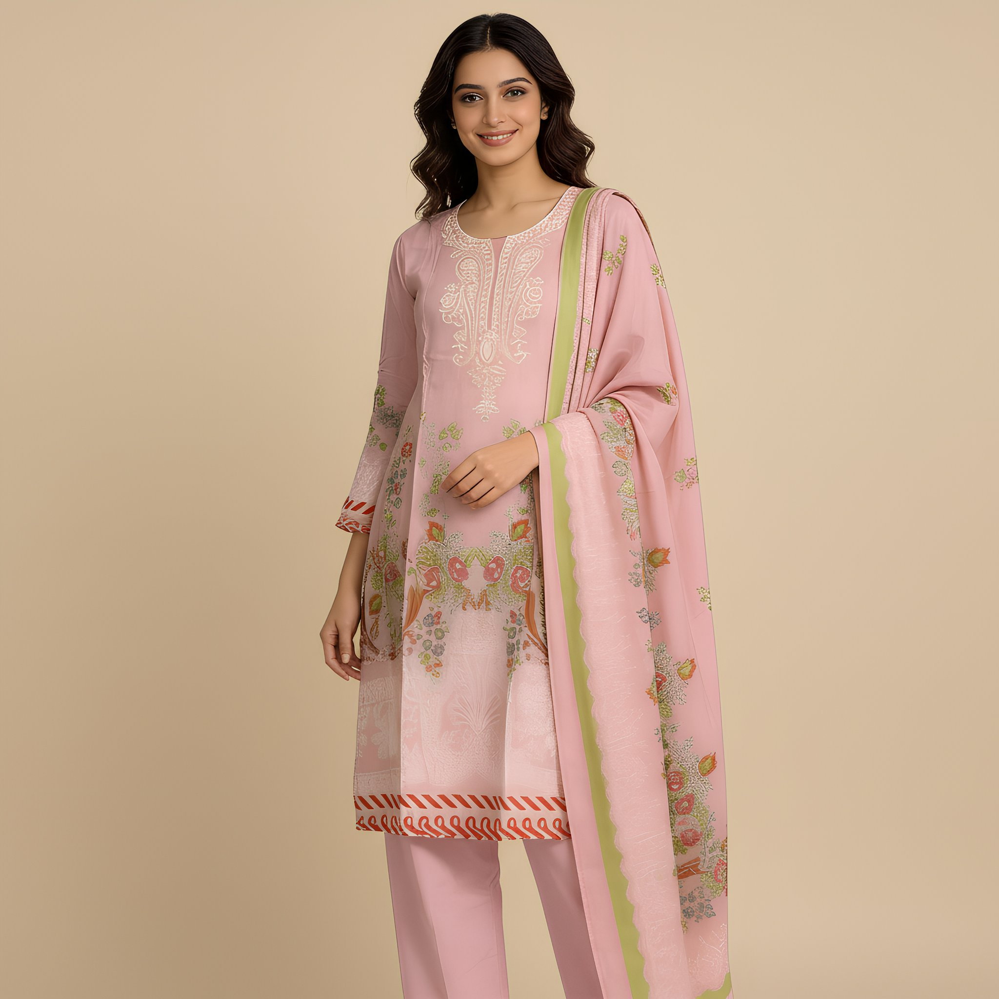 Blush Pink Floral Printed Cotton Blend Suit Set with Elegant Dupatta mo8.9