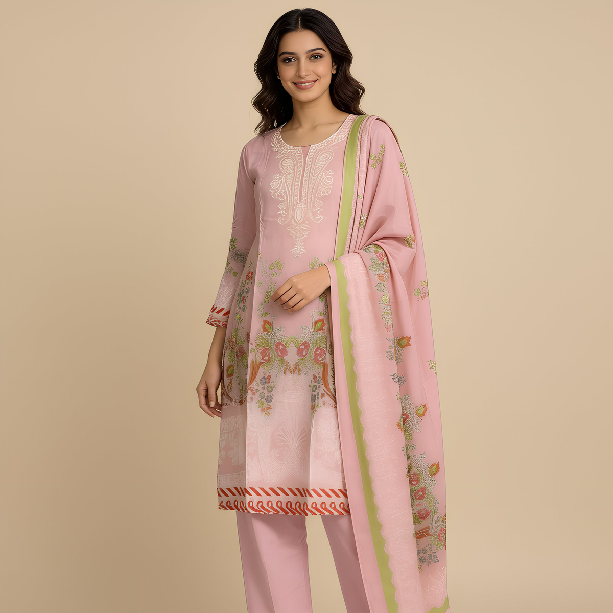 Blush Pink Floral Printed Cotton Blend Suit Set with Elegant Dupatta mo8.9