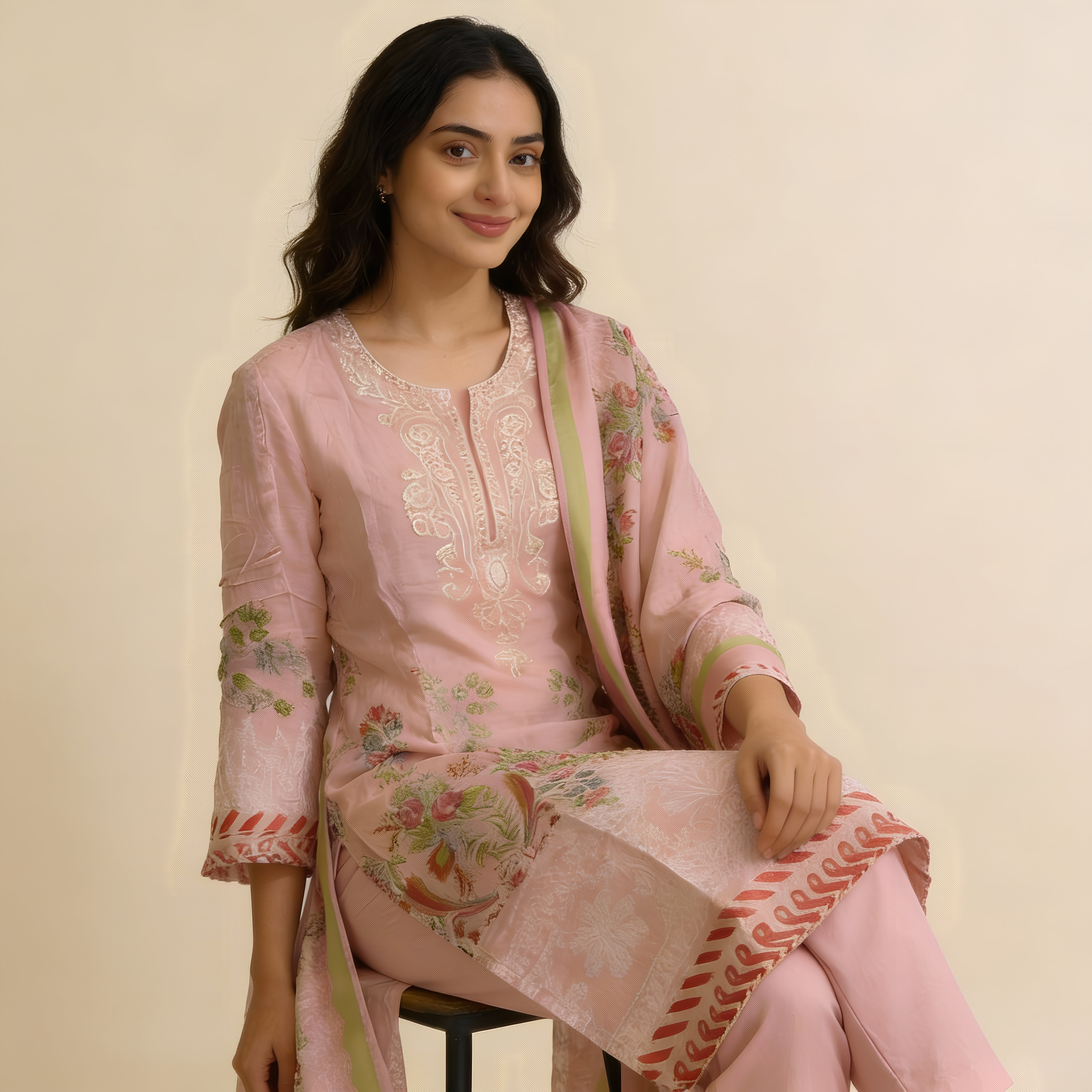 Blush Pink Floral Printed Cotton Blend Suit Set with Elegant Dupatta mo8.9