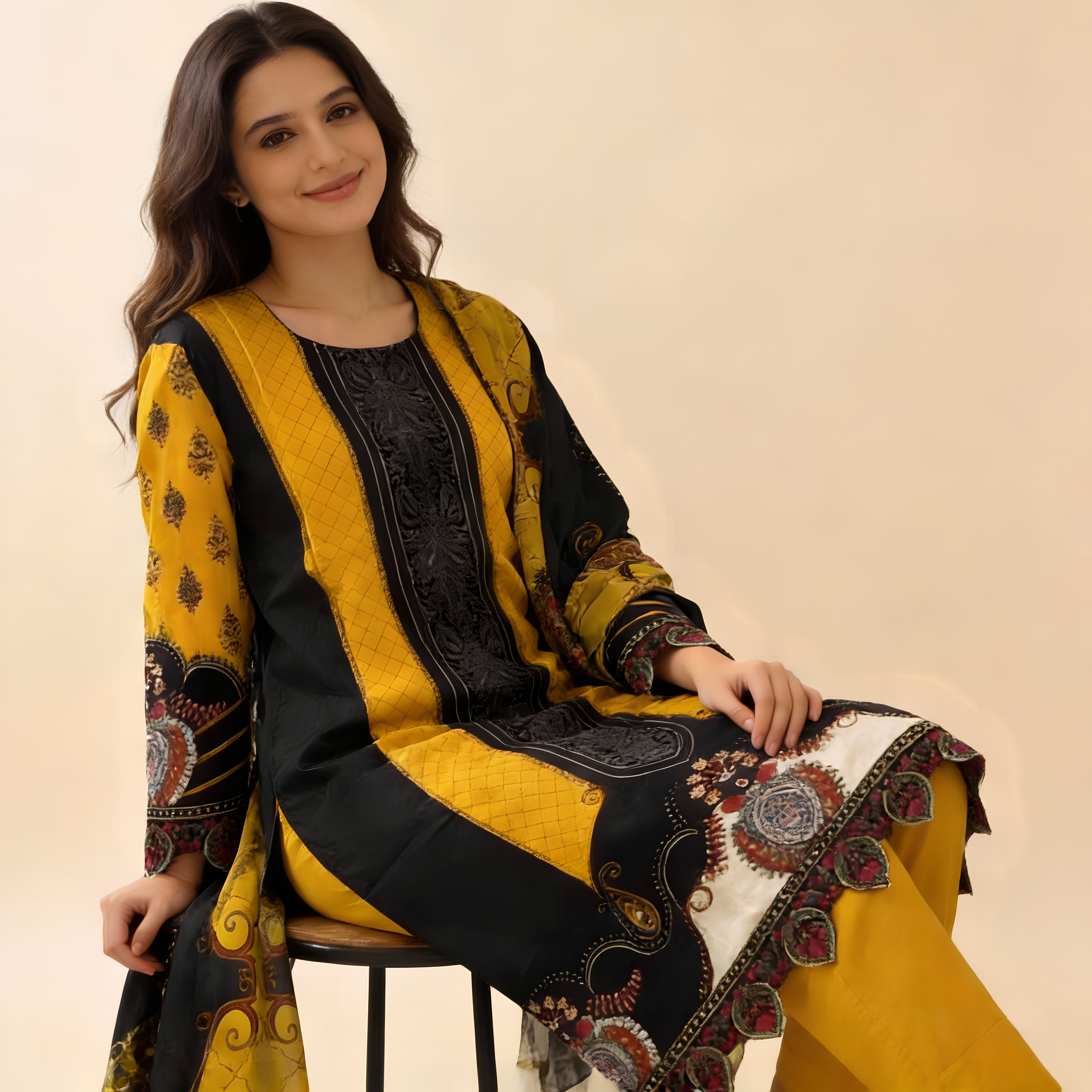 Black & Mustard Ethnic Printed Cotton Blend Suit Set with Designer Dupatta  mo3.4