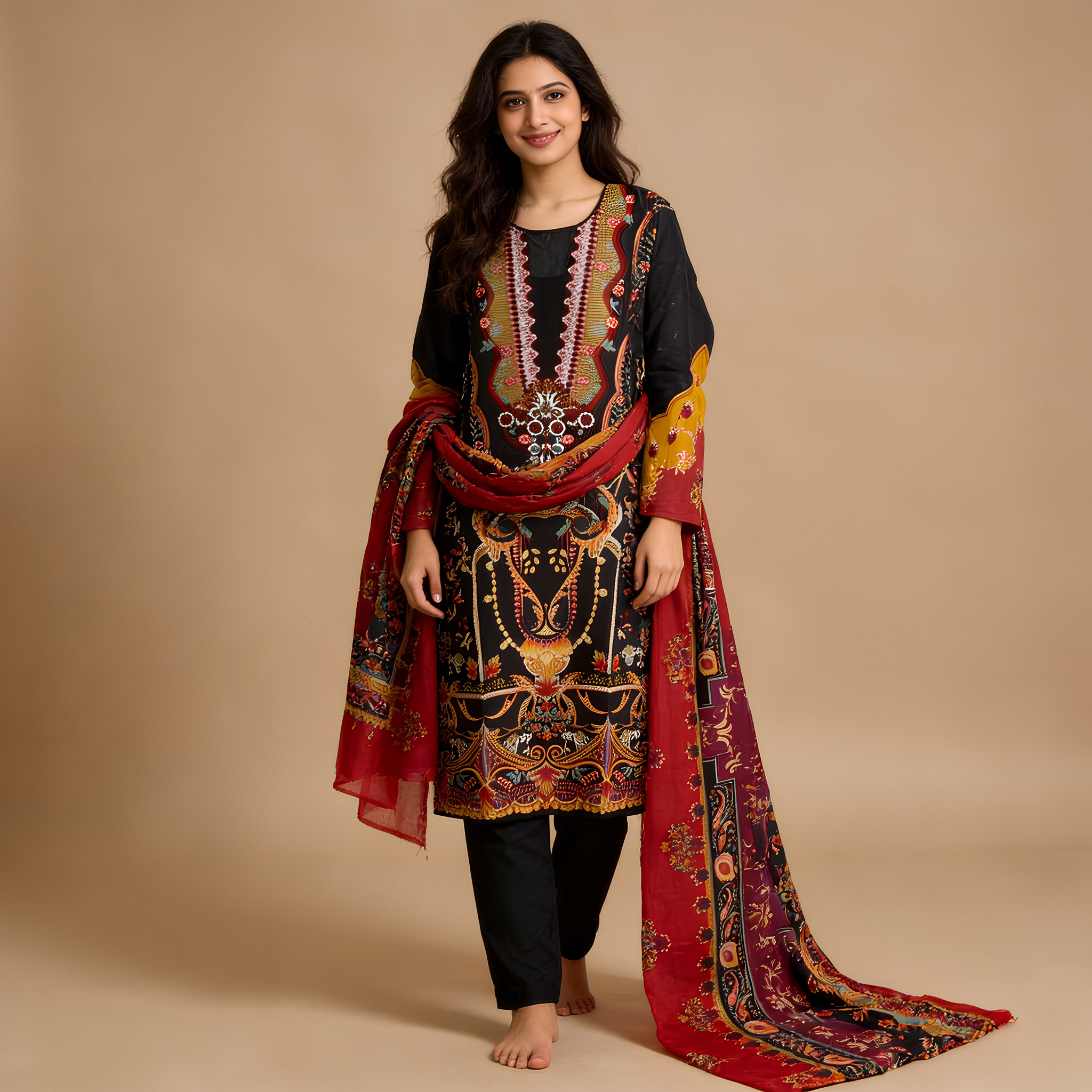 Black & Red Ethnic Printed Cotton Blend Suit Set with Designer Dupatta mo6.3