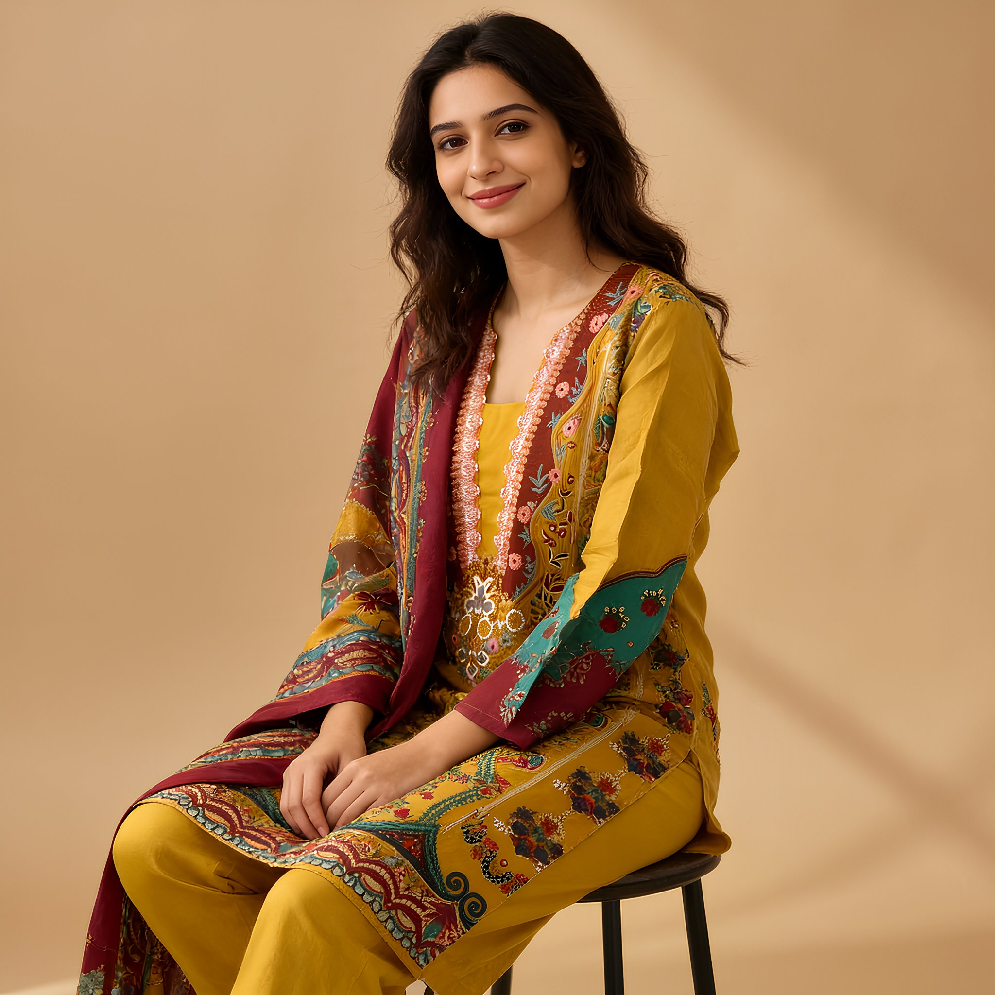 Mustard Yellow Ethnic Printed Cotton Blend Suit Set with Designer Dupatta  mo6.2