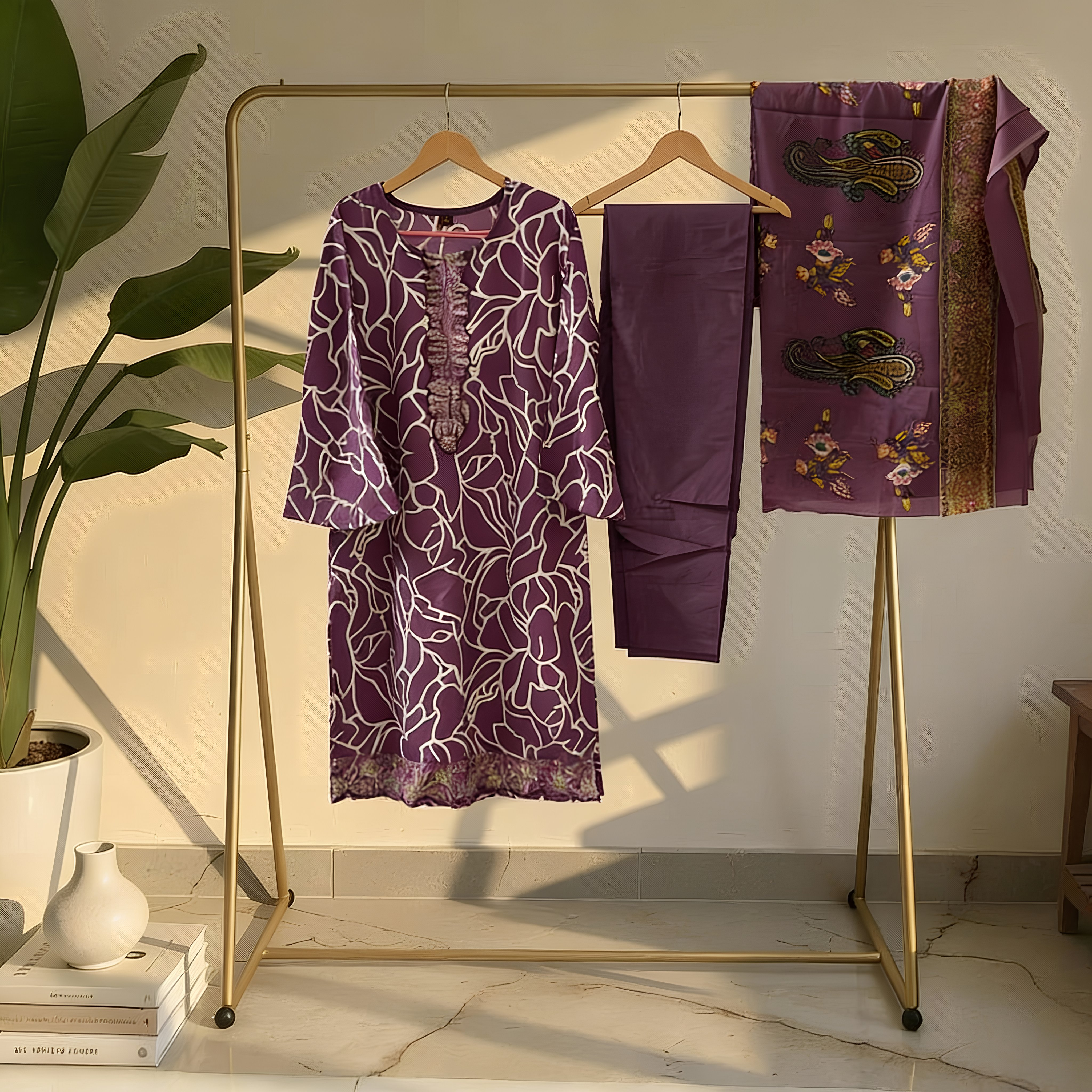 Royal Purple Printed Cotton Blend Suit Set with Designer Dupatta mo12.1