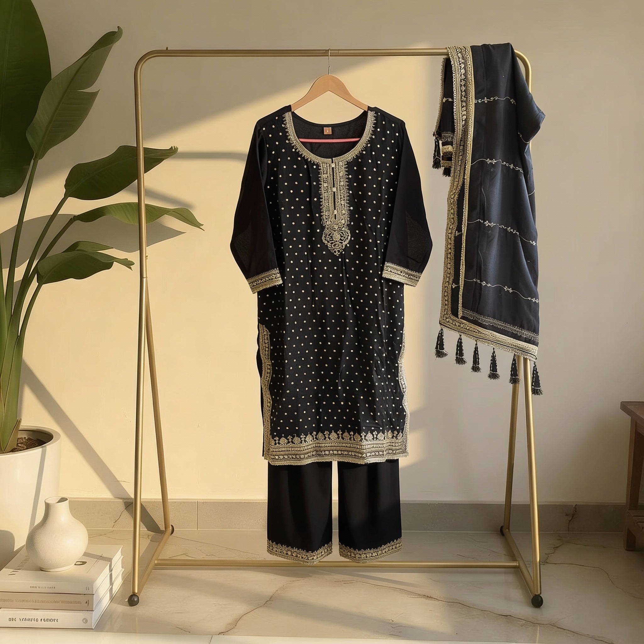 Classic Black Embroidered Kurta Set with Dupatta Ho 8