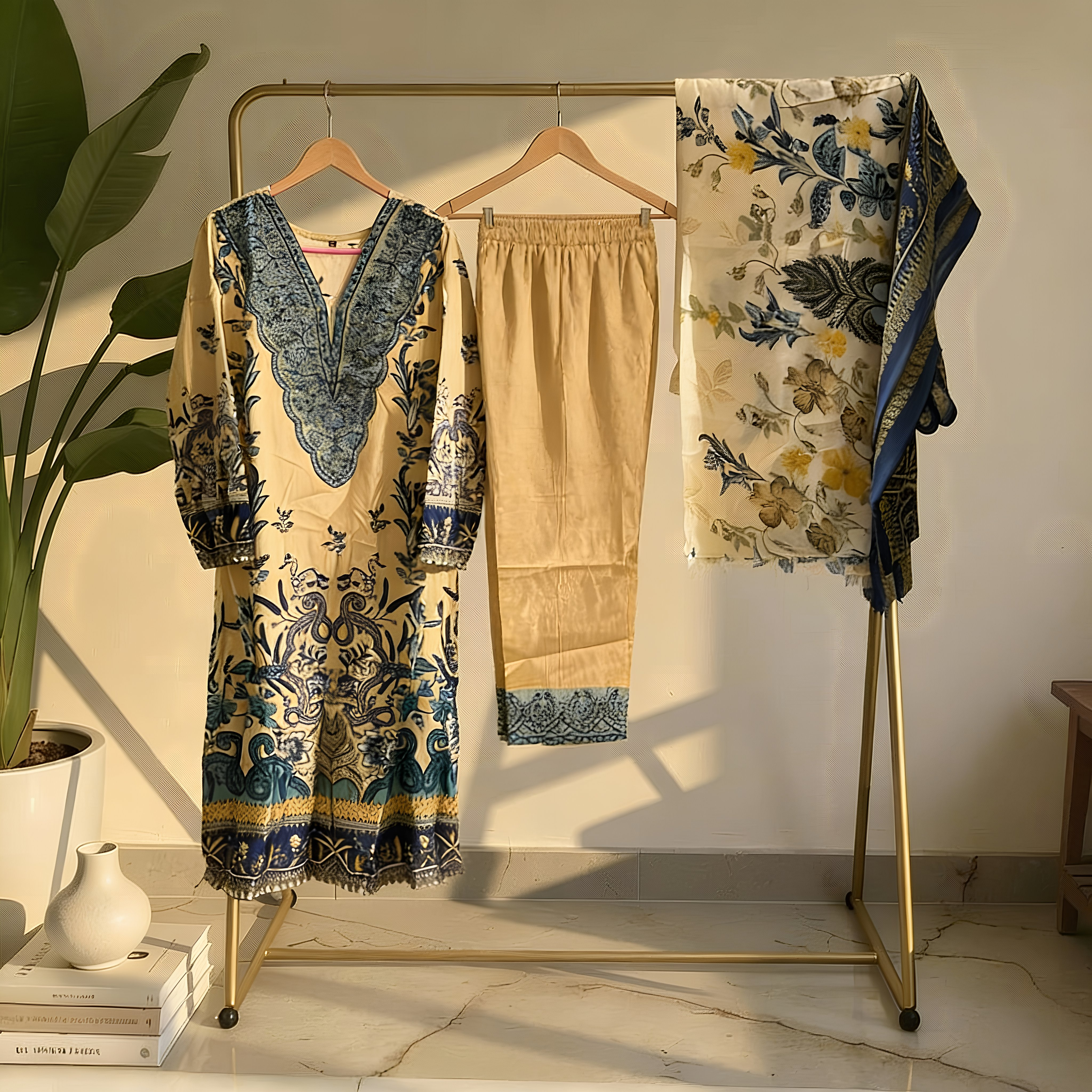 Mustard Yellow & Teal Floral Printed Suit Set with Coordinated Dupatta MO6.1