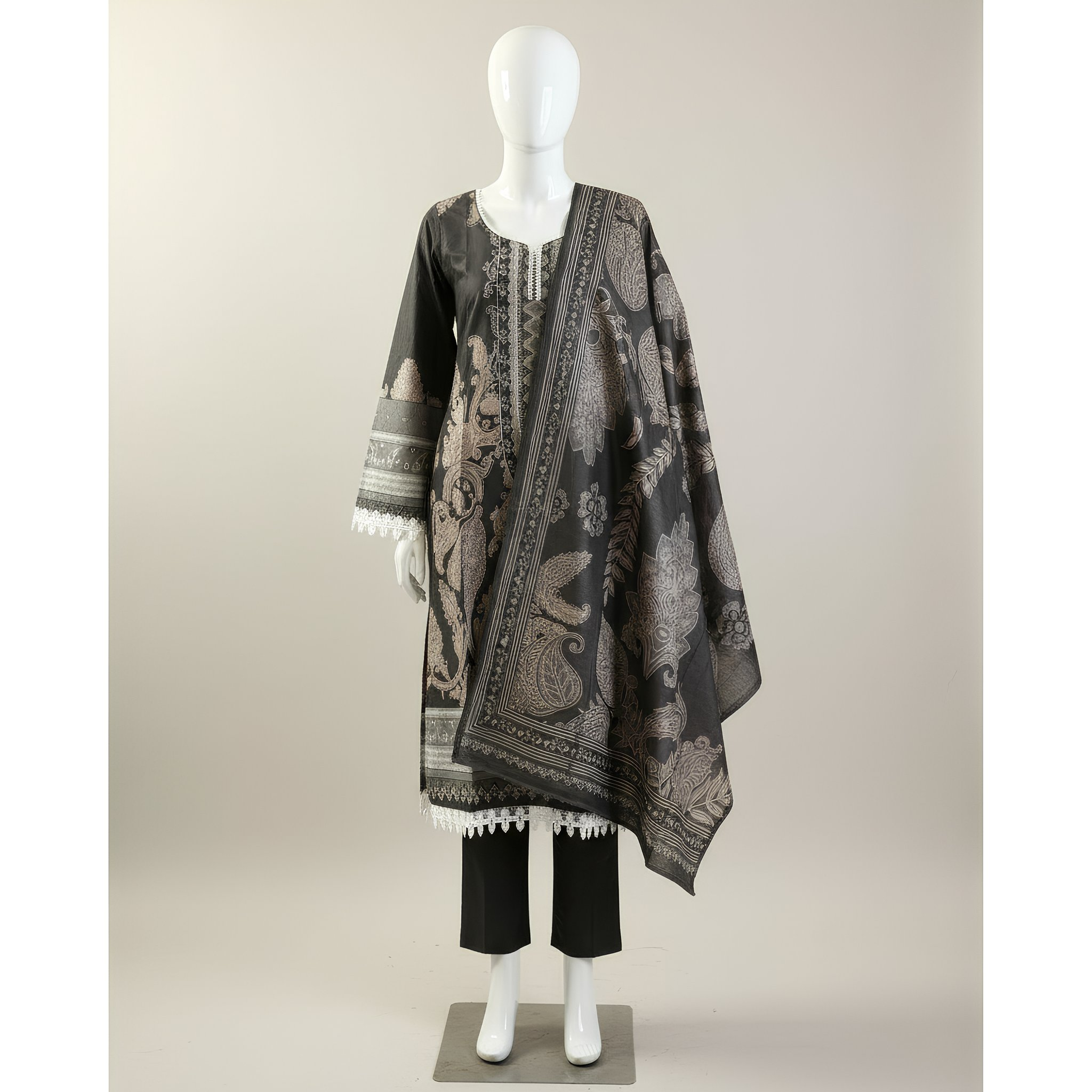 Charcoal Grey Printed Cotton Suit Set  MO13.3