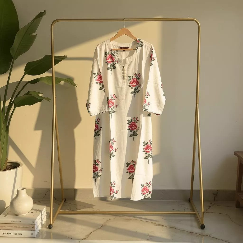 Ivory White Rose Printed Straight Kurta HO2 2XL-7