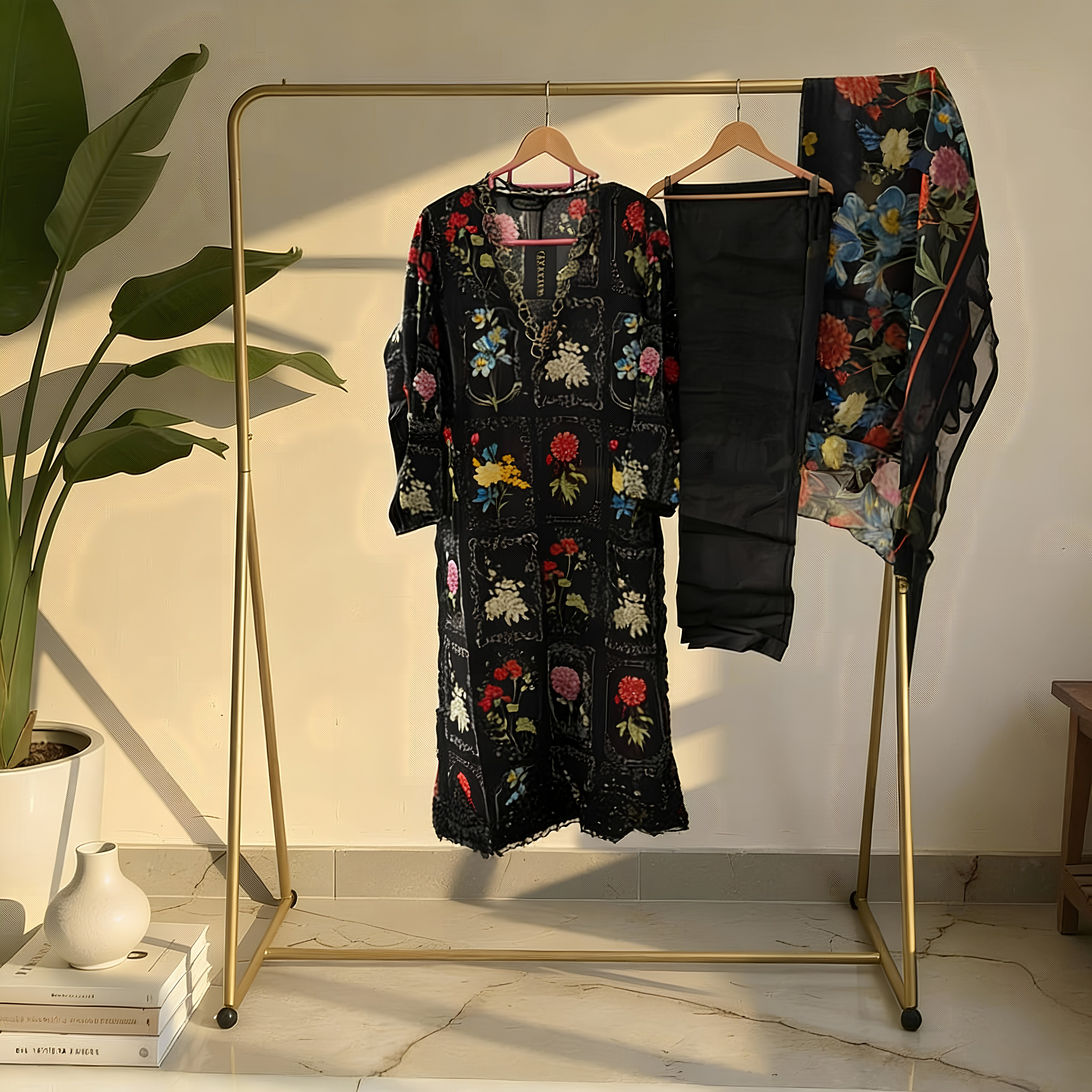 Black Floral Printed Cotton Blend Suit Set with Sheer Designer Dupatta mo8.10