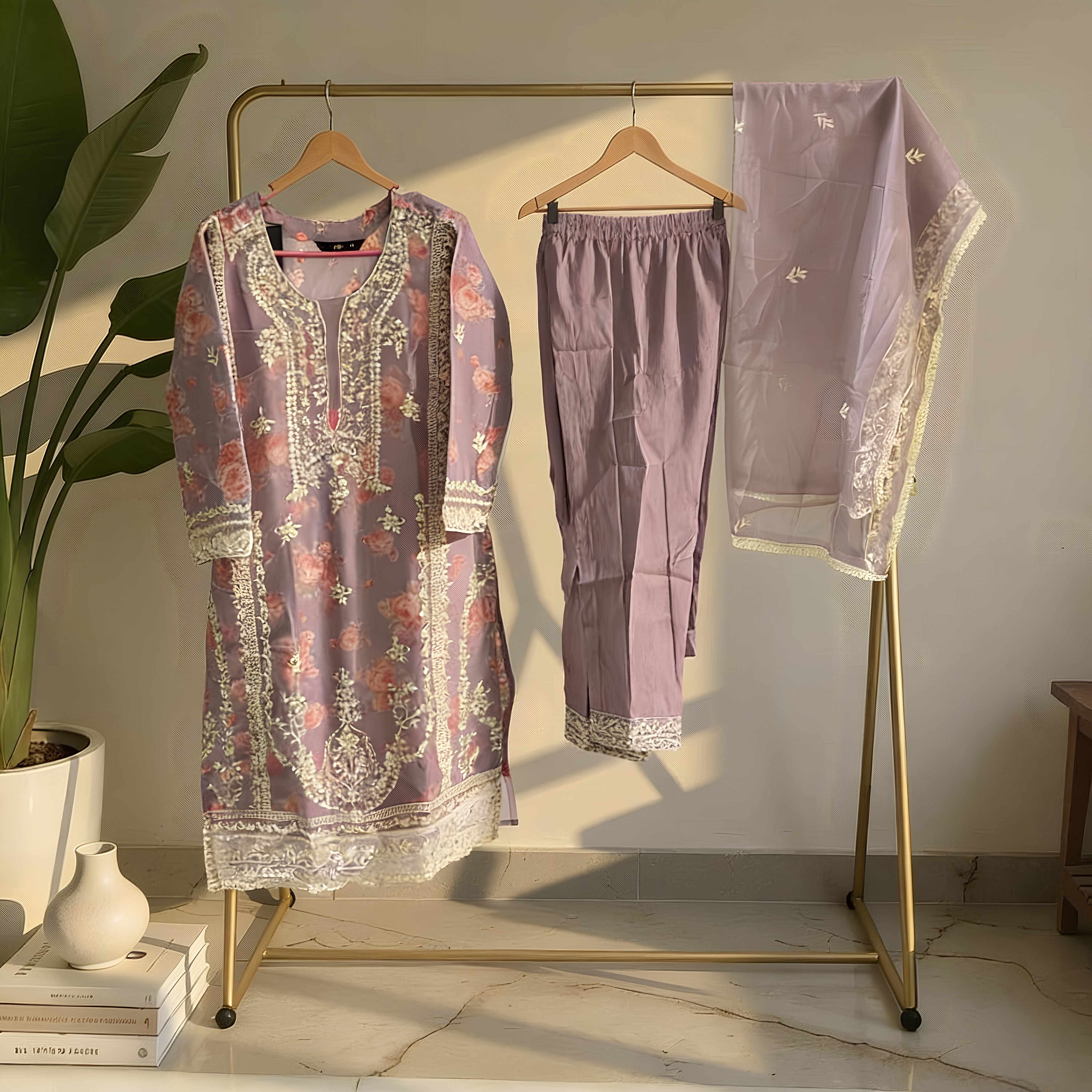 Dusty Mauve Floral Printed Cotton Suit Set MO14.3