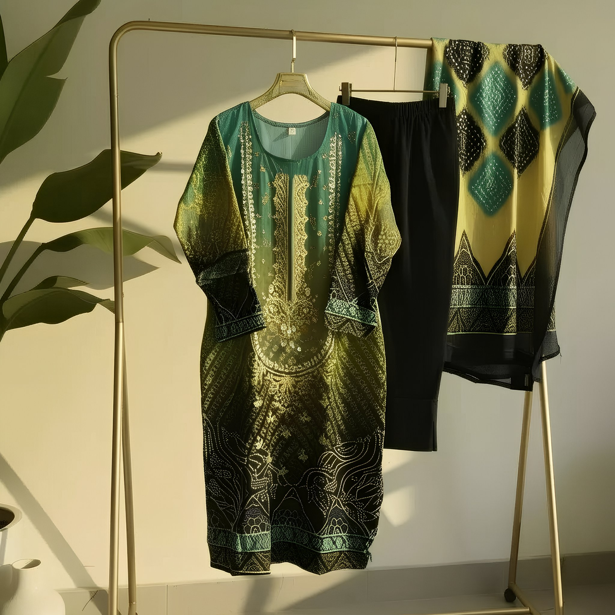 Emerald Green & Black Bandhani Print Cotton Blend Suit Set MO1.6