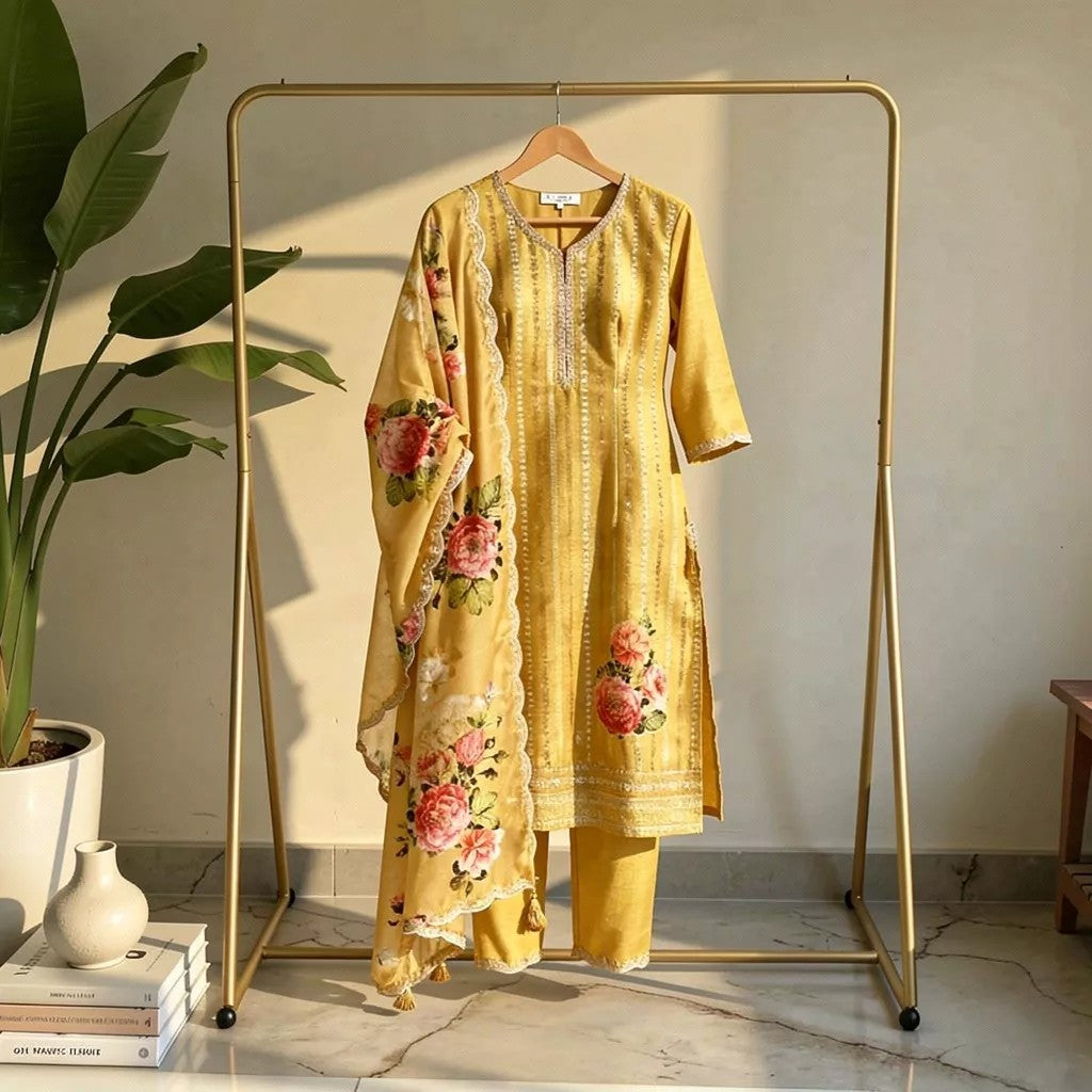 Mustard Yellow Printed Suit Set HO 15 - YELLOW