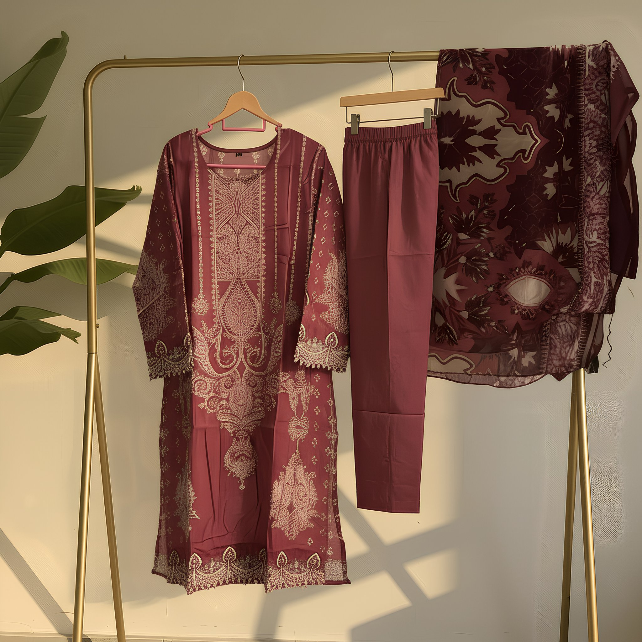 Deep Maroon Ethnic Printed Cotton Blend Suit Set with Soft Dupatta  mo3.2