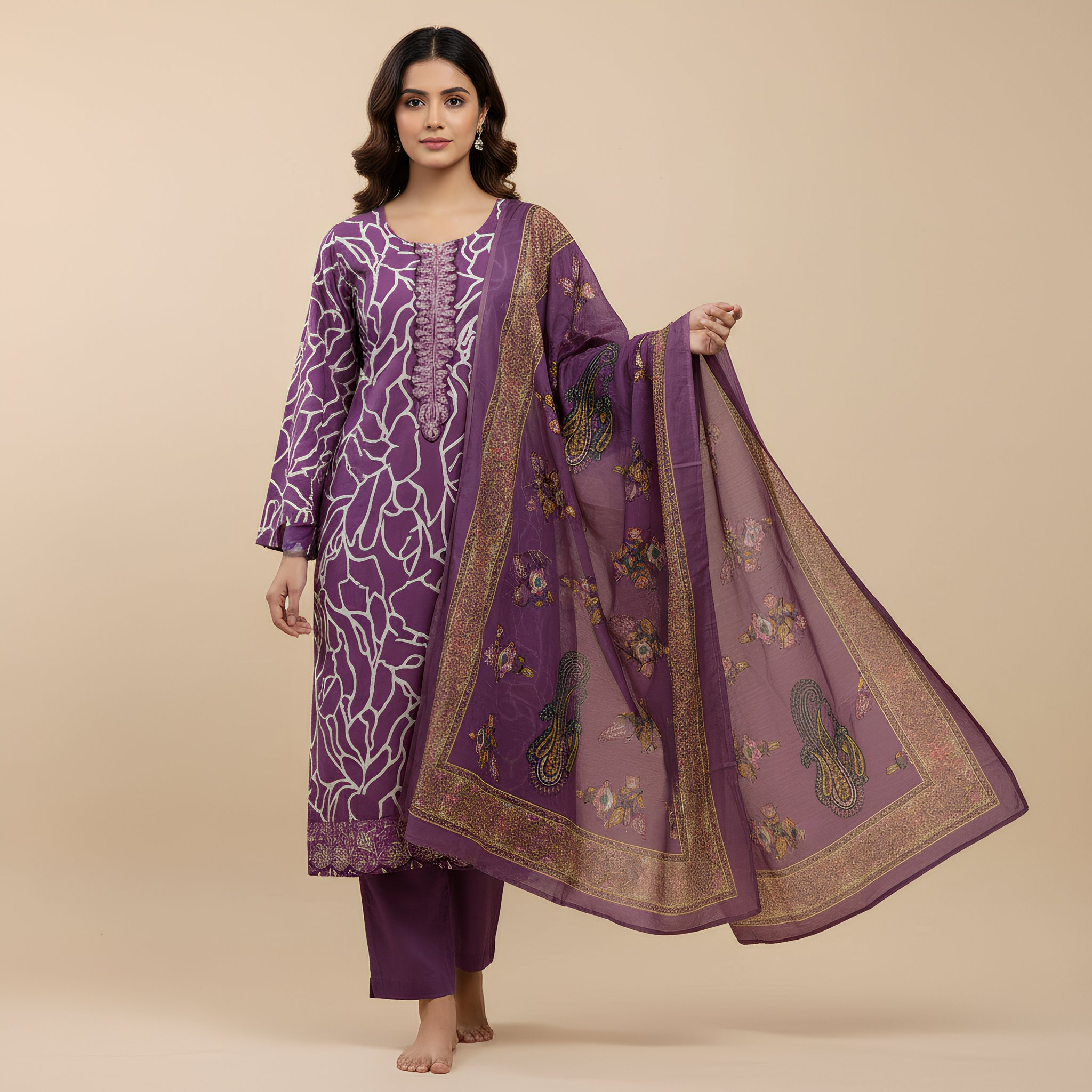Royal Purple Printed Cotton Blend Suit Set with Designer Dupatta mo12.1