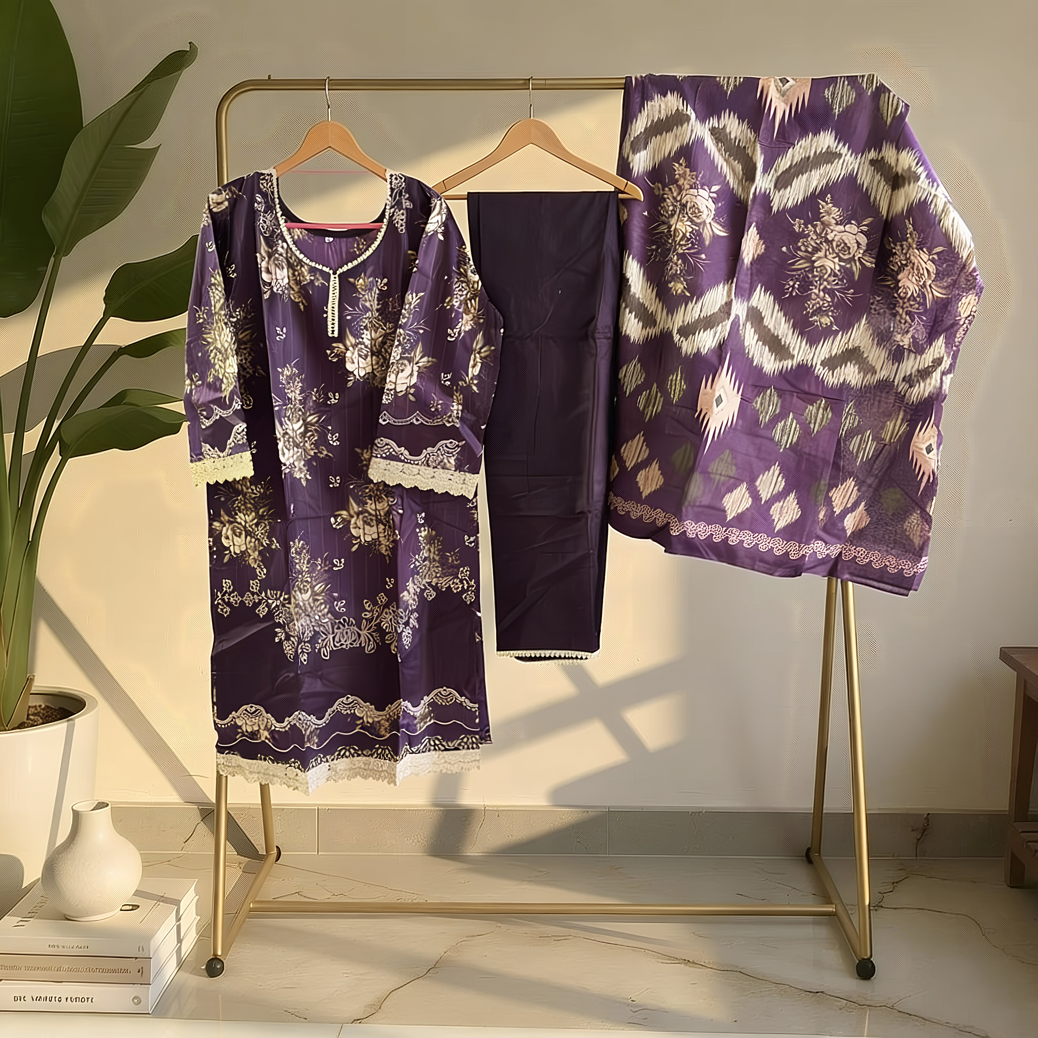 Royal Purple Floral Printed Cotton Suit Set  MO11.5