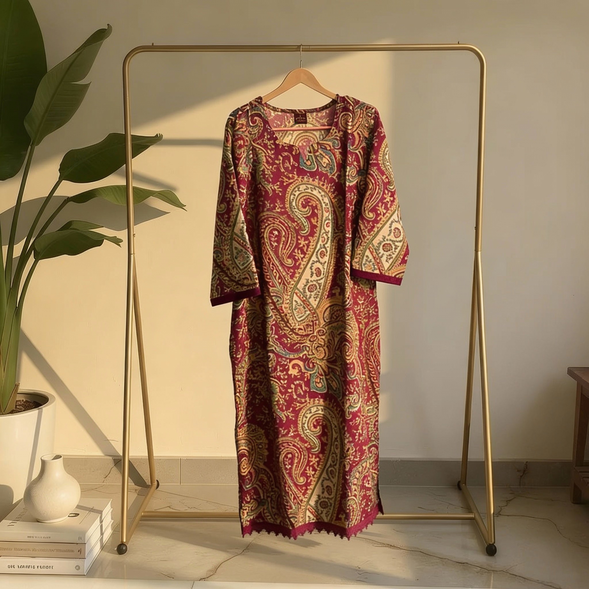 Wine Paisley Printed Straight Cotton Kurta HO2 XL5