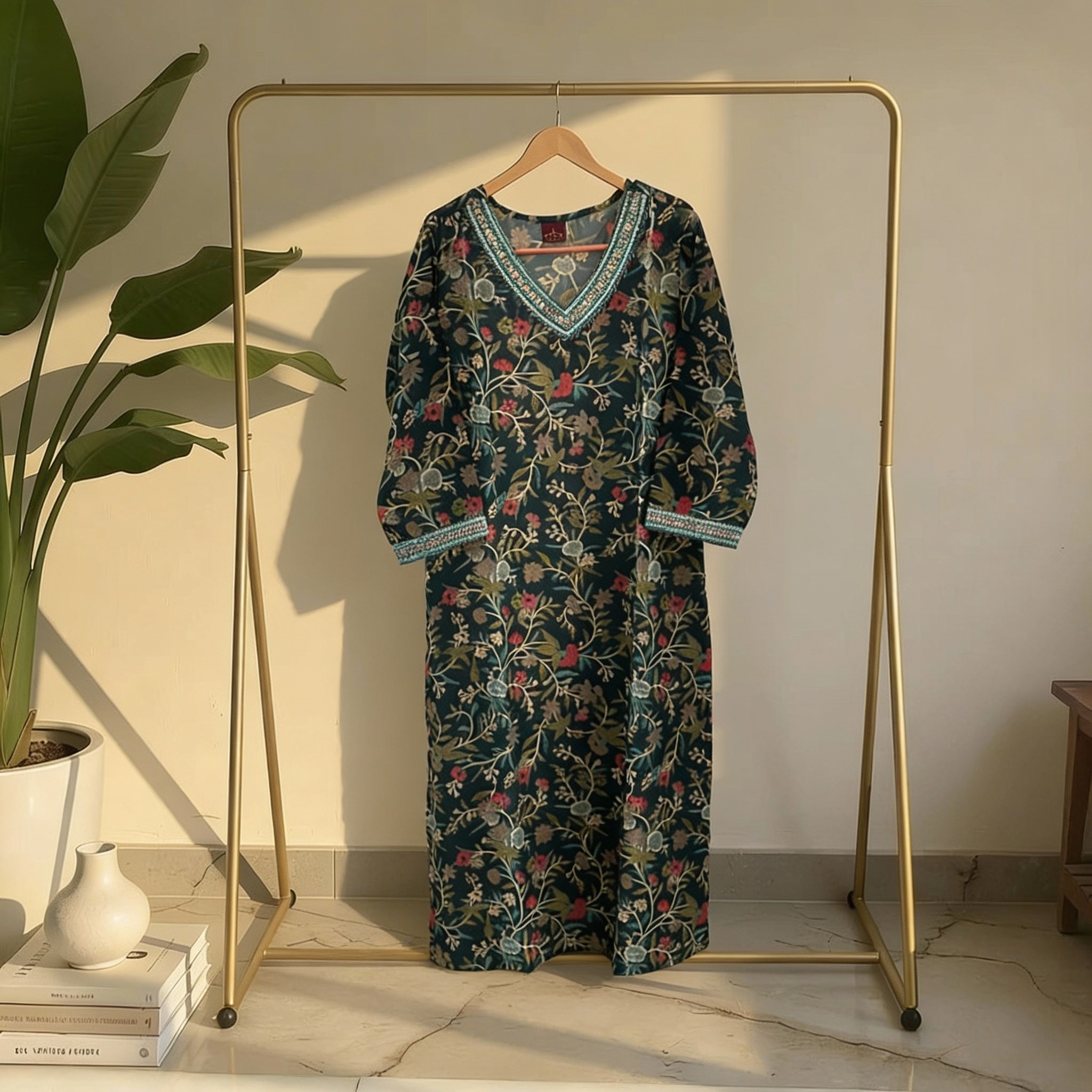 Dark Green Floral Printed Embroidered Neck Kurta HO2 XL15